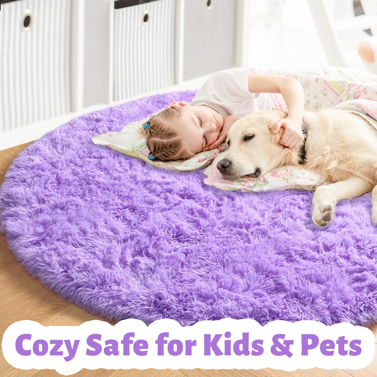 Amdrebio Purple Round Circle Rugs 6Ft for Girls Bedroom Decor Aesthetic, Large Fluffy Fuzzy Area Rugs for Kids Room, Soft Cute F
