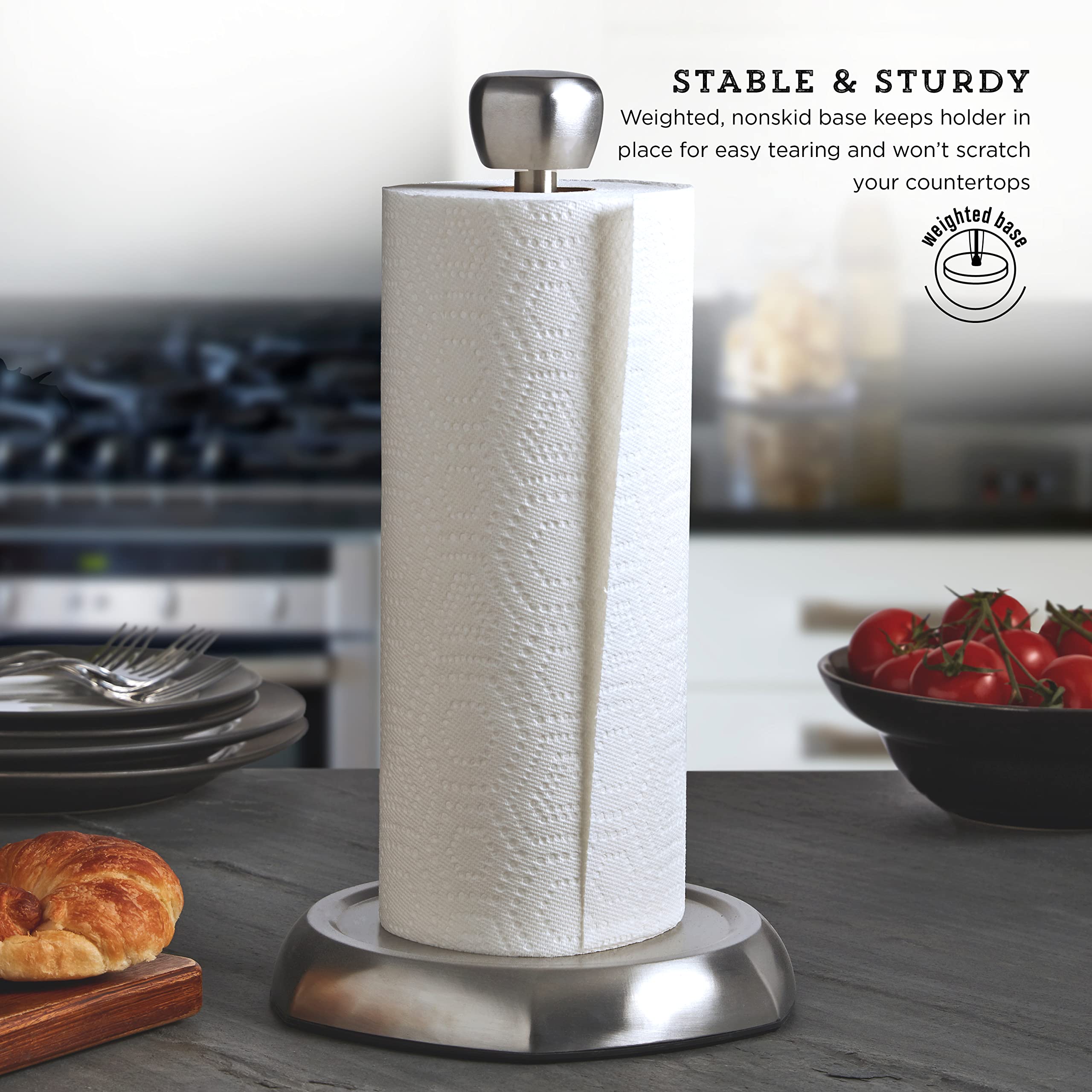 Kamenstein Hexagon Base Perfect Tear, Stainless Steel Countertop Paper Towel Holder, One Handed Pull, No Unraveling, Weighted Ba