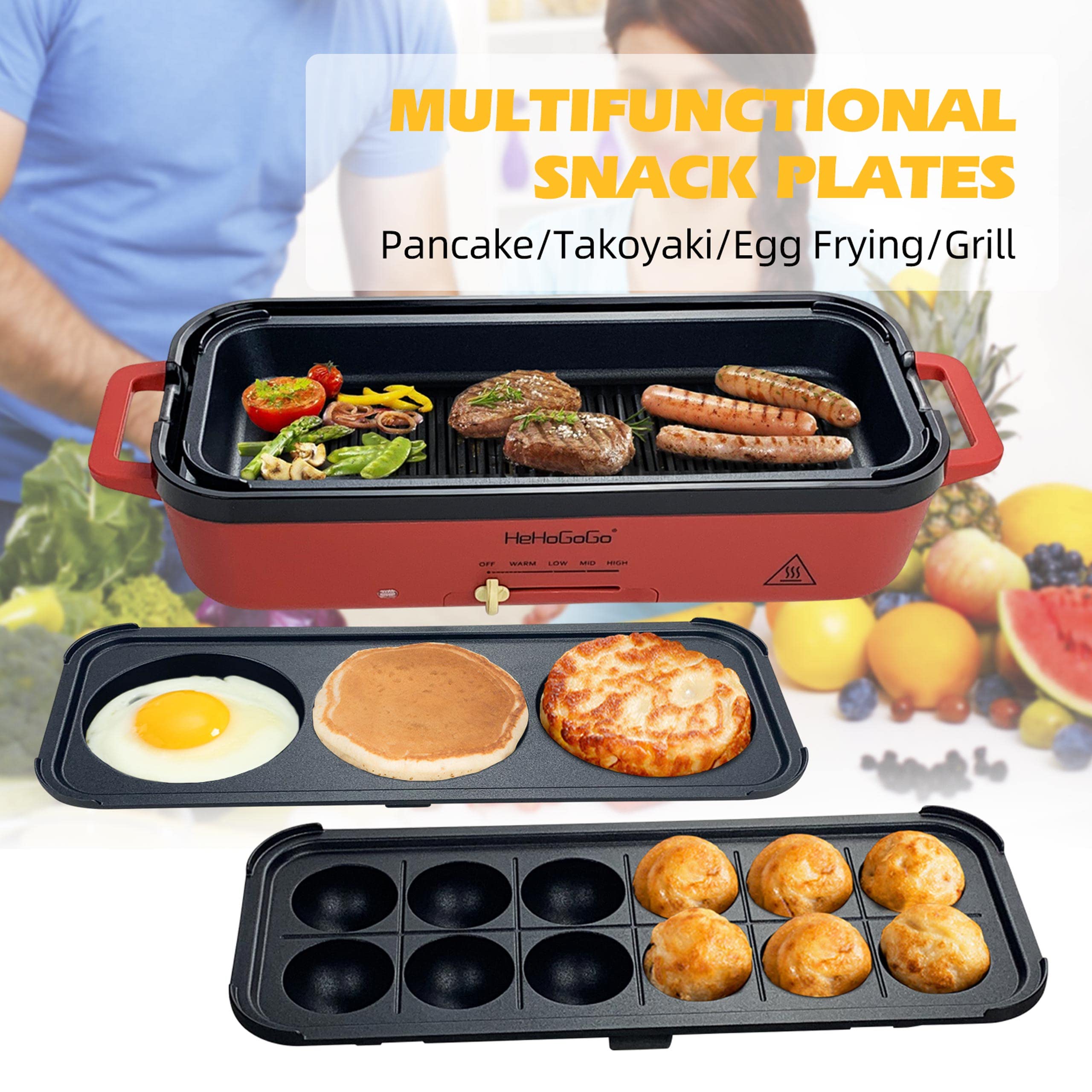 Hehogogo Multifunctional Electric Griddle Electric Grill Nonstick Baking Maker With 3 Interchangeable Pans For Takoyaki Cake Pop