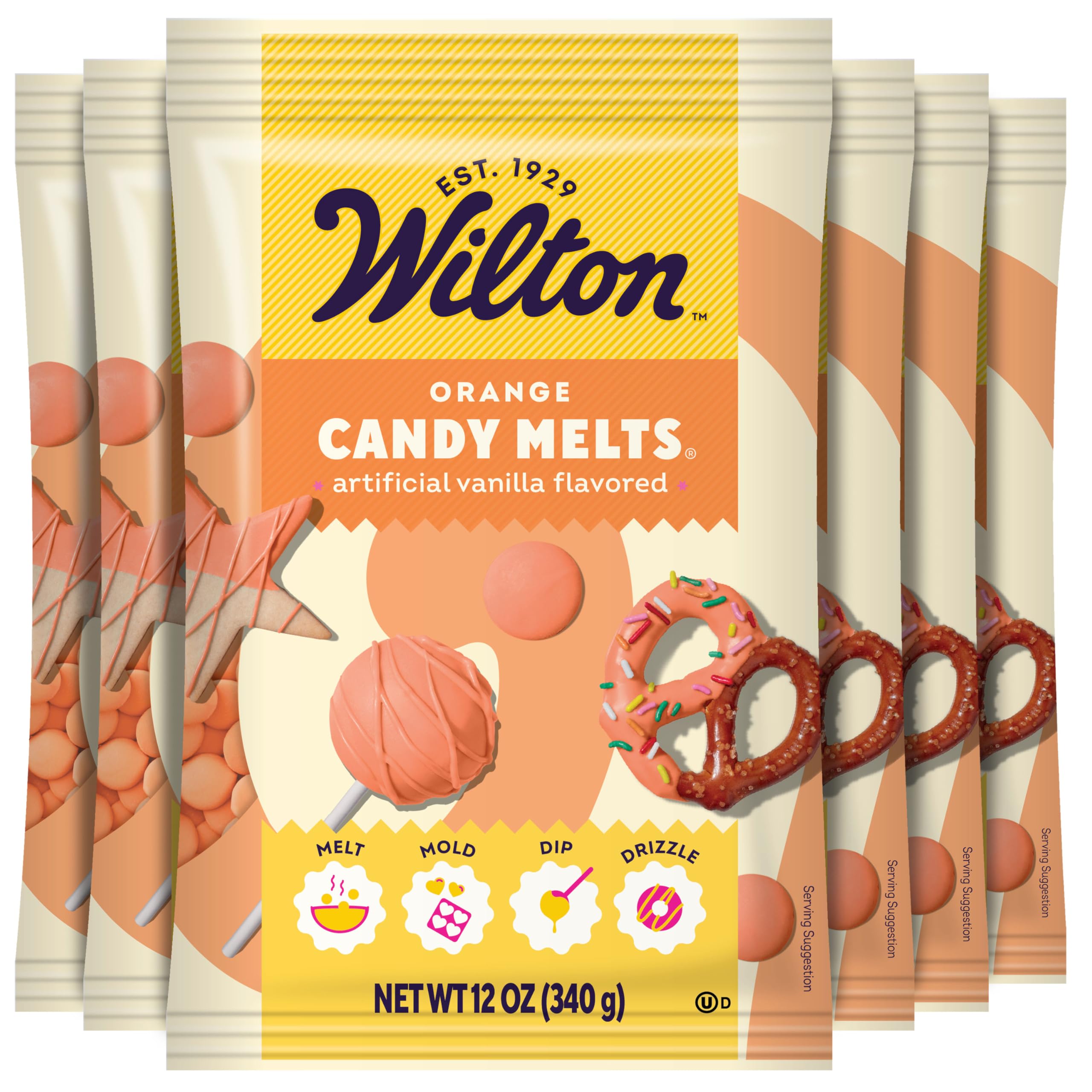 Wilton Melting Chocolate Orange Candy Melts for Cake Pops Candy Making Chips Vanilla Flavored 12oz., Pack of 6, Packaging May Va