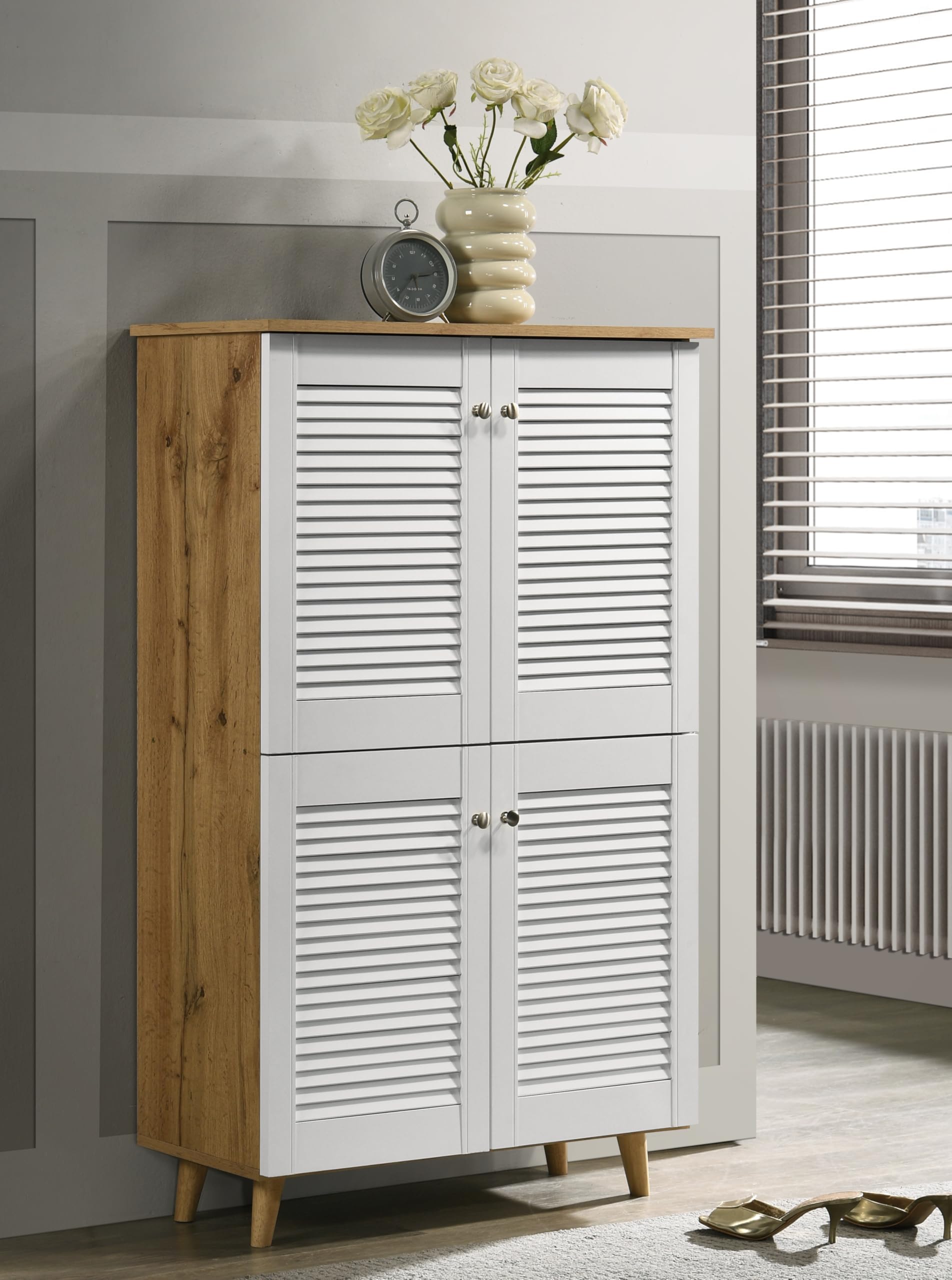 Deckup Noordin 4Door Engineered Wood Shoe Rack (Wotan Oak & White, Matte Finish)