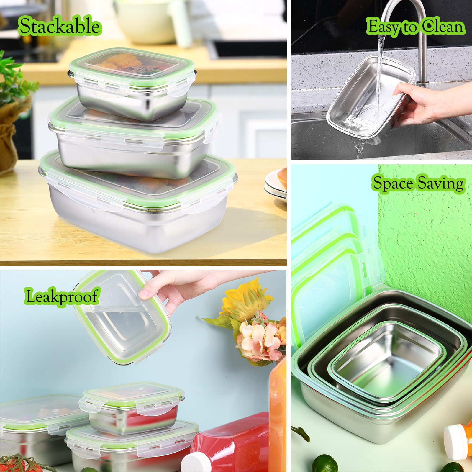6 Packs Stainless Steel Food Storage Containers Airtight Metal Food Containers Stainless Steel Meal Prep Container Leak Proof St