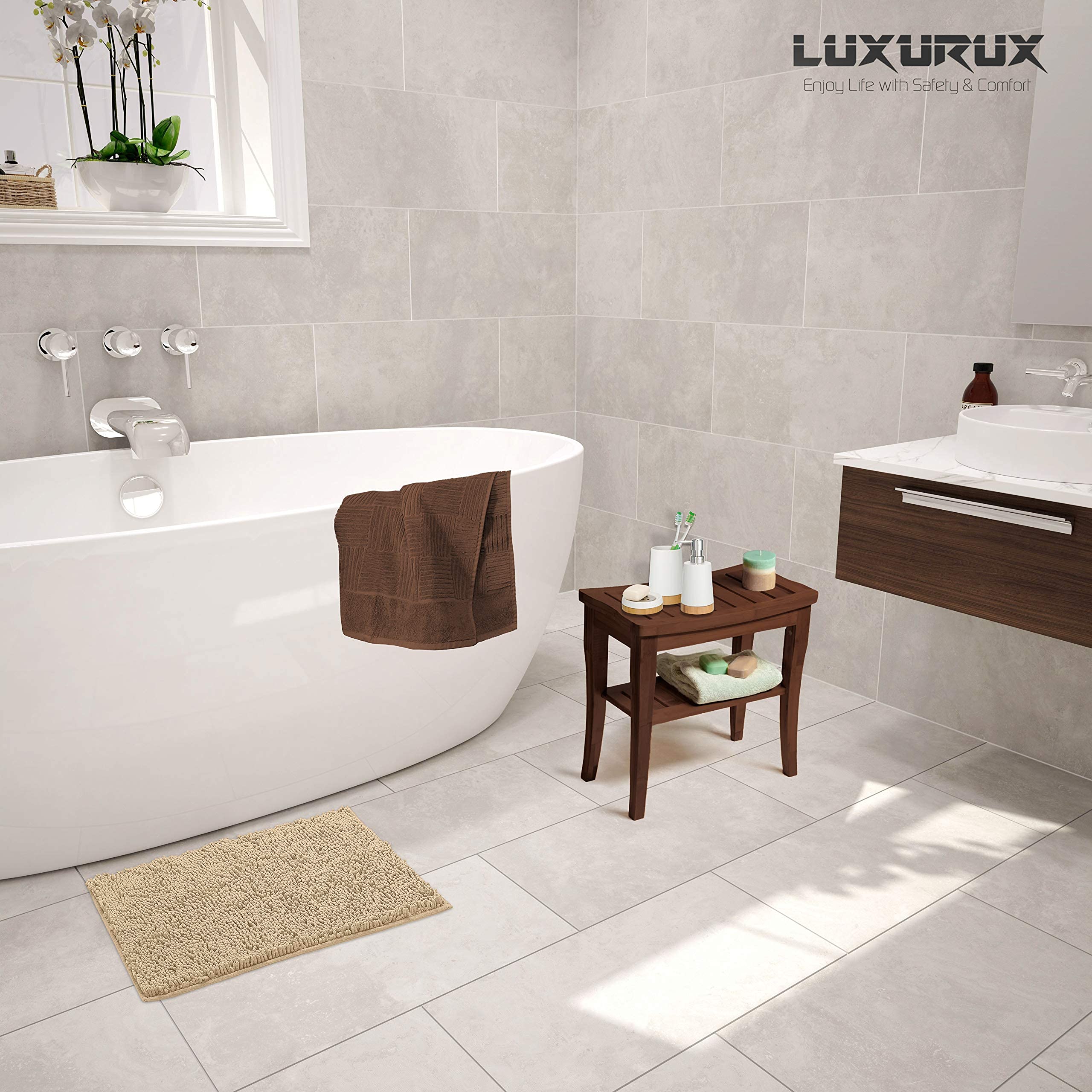 LuxUrux Birch Bathroom Rugs  Luxury Bath Mat-Extra-Soft Plush Bathroom Rug 1 ' ' Chenille Microfiber  Super Absorbent Shaggy Bath Rug. 24 ' ' x 17 ' '.