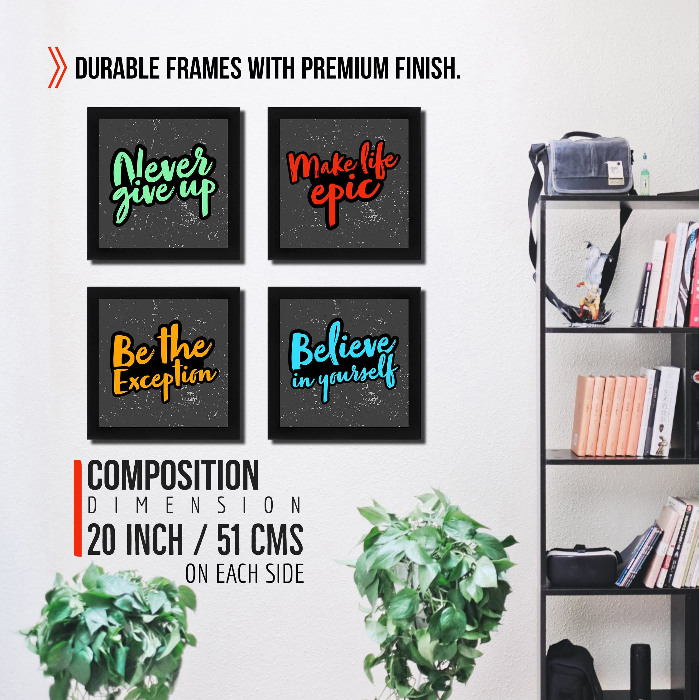 Interio Crafts Synthetic Wood Home Decor Never Give Up Motivational Short Quotes Framed Poster For Office Wall Decor, Set Of 4 I