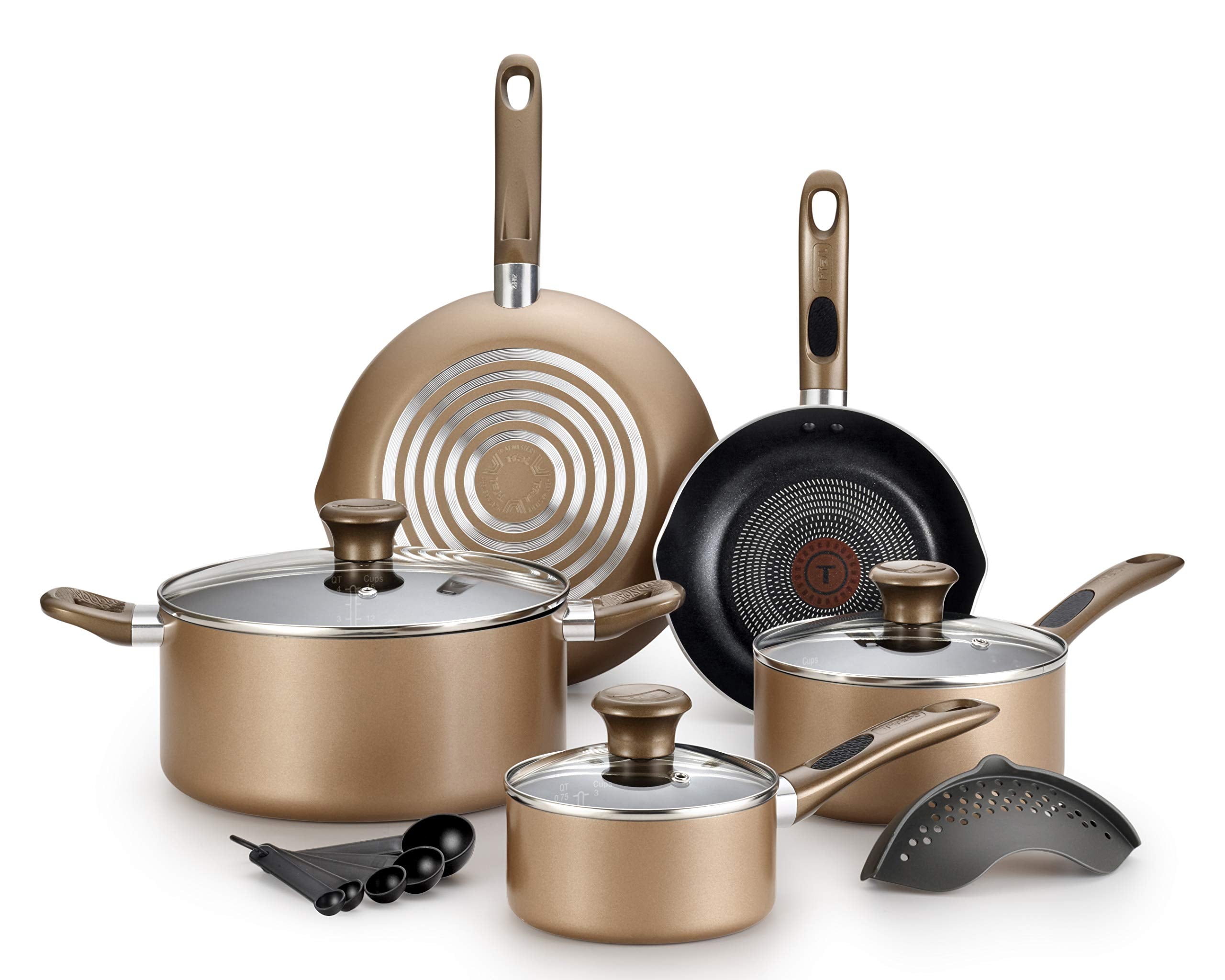 T-fal B036SE Excite ProGlide Nonstick Thermo-Spot Heat Indicator Dishwasher Oven Safe Cookware Set, 14-Piece, Bronze