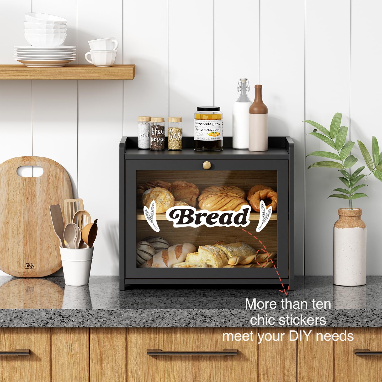 Goozii Black Bread Box For Kitchen Countertop, Large Bread Storage Container For Homemade Bread, Wood Farmhouse Breadbox Organiz