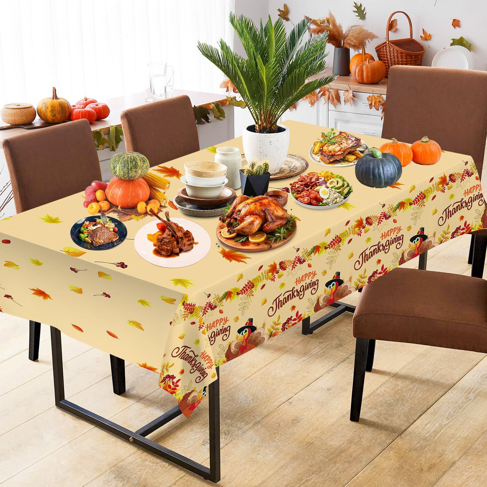 2 Pack Happy Thanksgiving Tablecloth - Fall Thanksgiving Turkey Table Cloths, Disposable Plastic Rectangle Autumn Pumpkin Maple