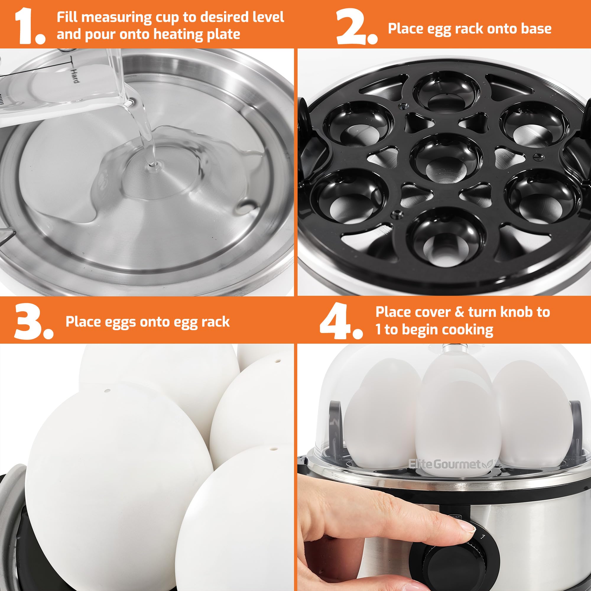Elite Gourmet Egc724Ss Easy Electric Poacher, Omelet Eggs & Soft, Medium, Hard-Boiled Egg Boiler Cooker With Auto Shut-Off And B