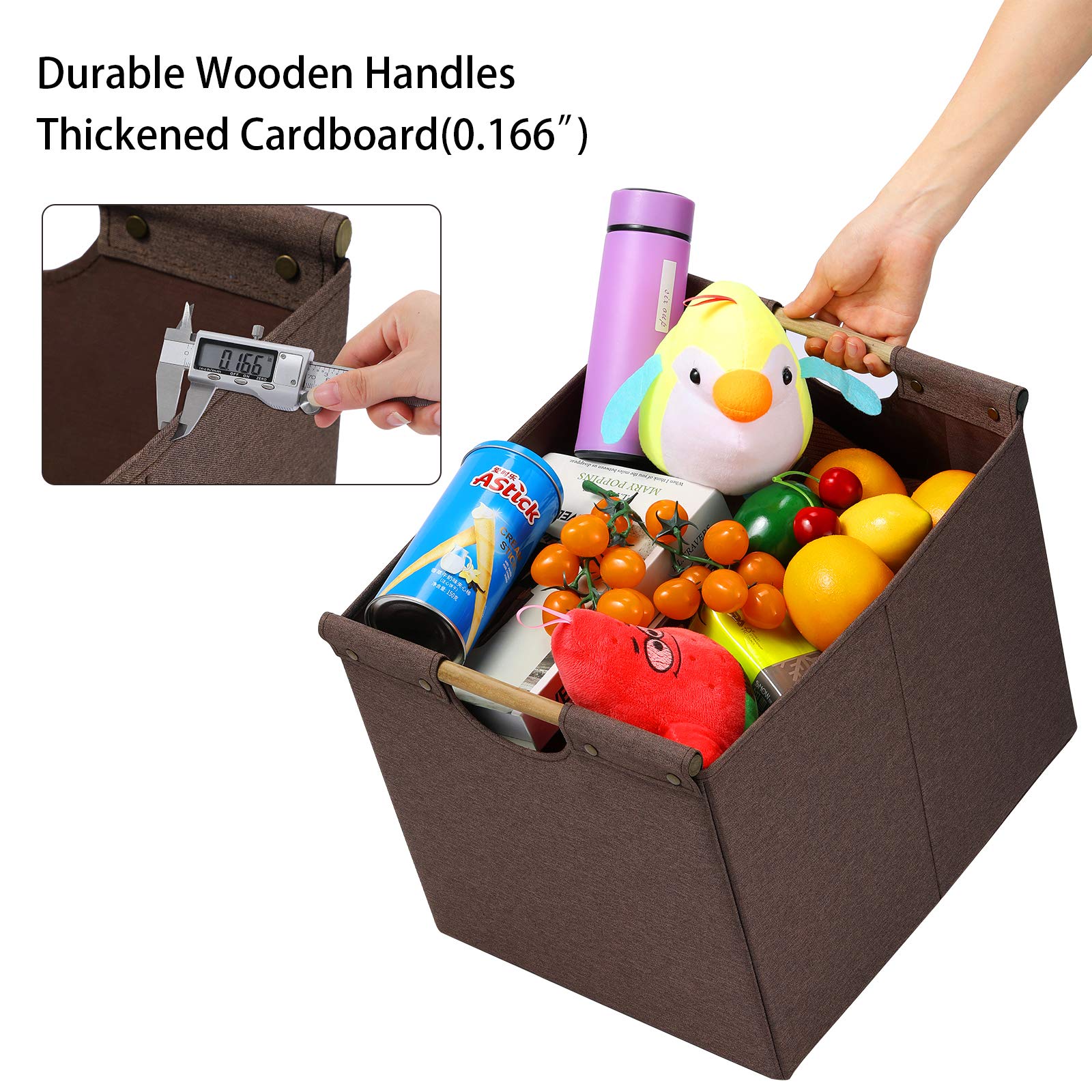 HOONEX Large Collapsible Storage Bins  Linen Fabric  2 Pack  Storage Baskets with Wooden Carry Handles and Sturdy Heavy Cardboard  for Home  Office  Car  Nursery  Brown