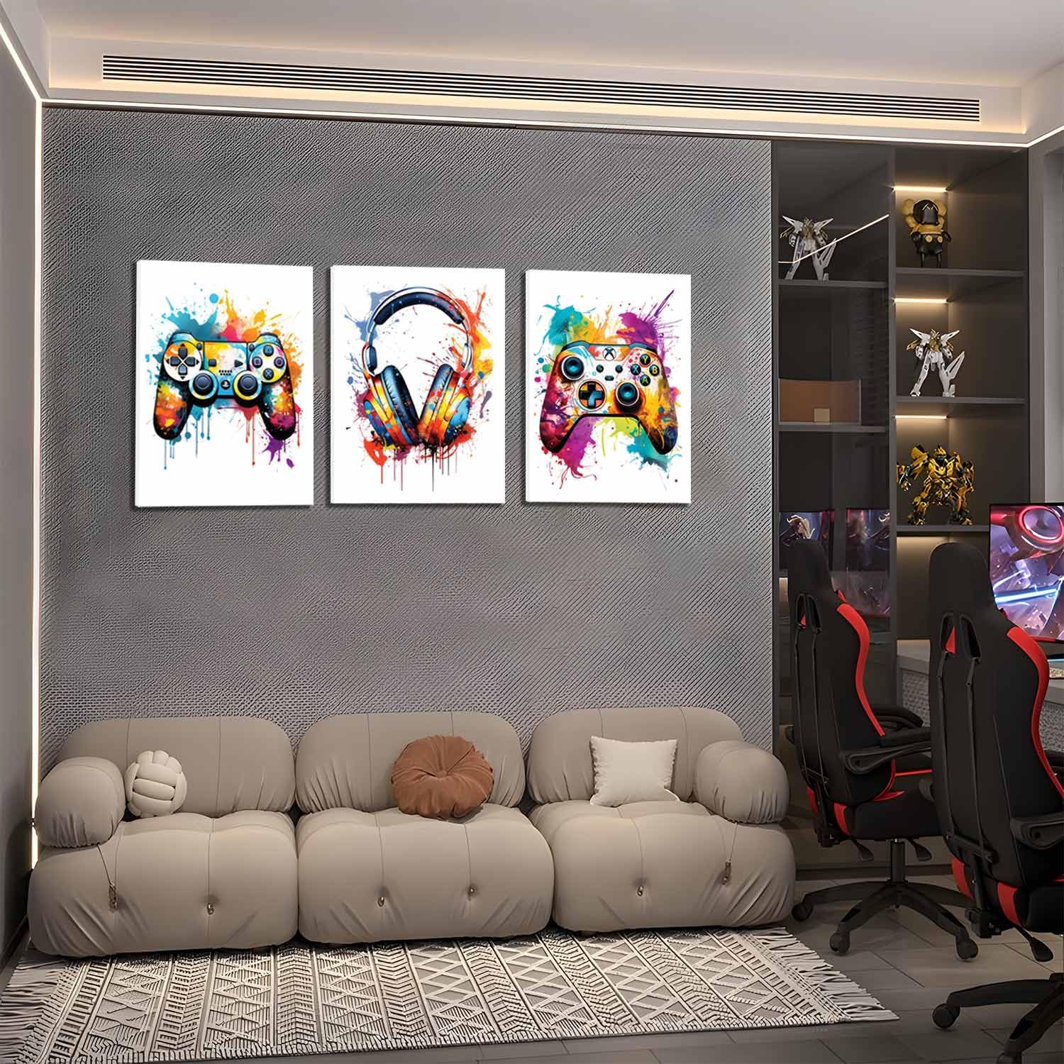 Gaming Room Decor Wall Art Set Of 3, Video Gaming Gamepad Graffiti Canvas Posters Wall Decor, Games Gamer Painting Prints For Te