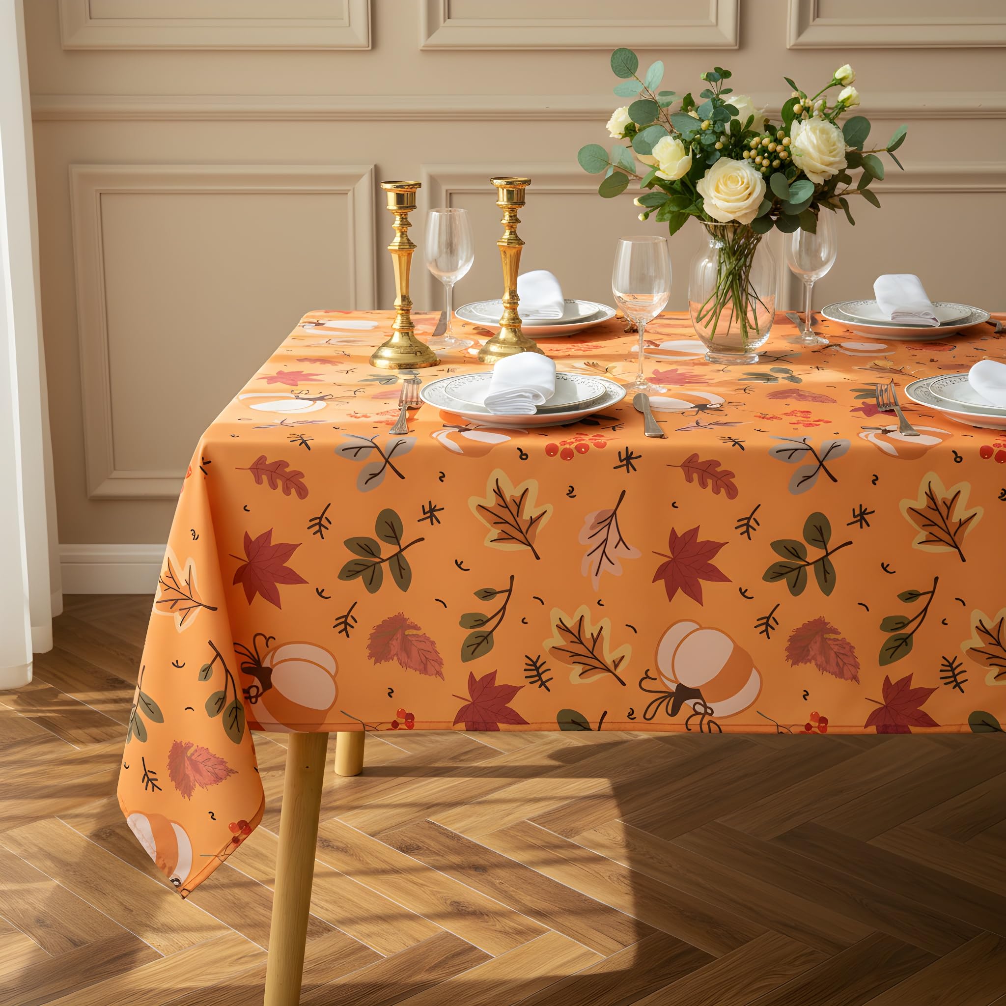 LOSIVISHE Thanksgiving Waterproof Tablecloth - Fall Harvest Pumpkins, Maple Leaves & Berries Print - Autumn Rectangle Table Cove