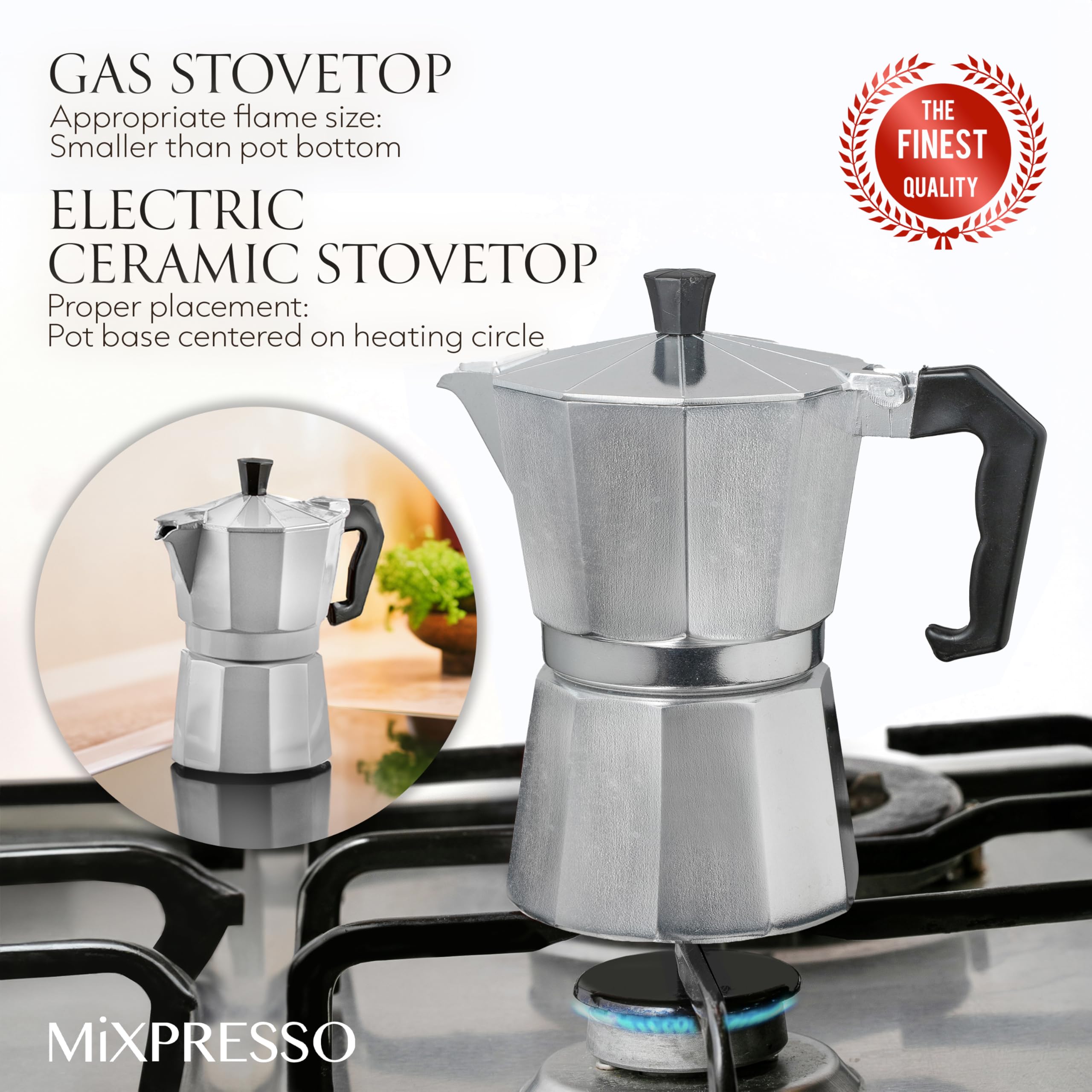Mixpresso 3 Cup Moka Pot Espresso Cuban Coffee Maker, Moka Pot Coffee Maker For Gas, Electric Stove Top, Classic Italian Coffee