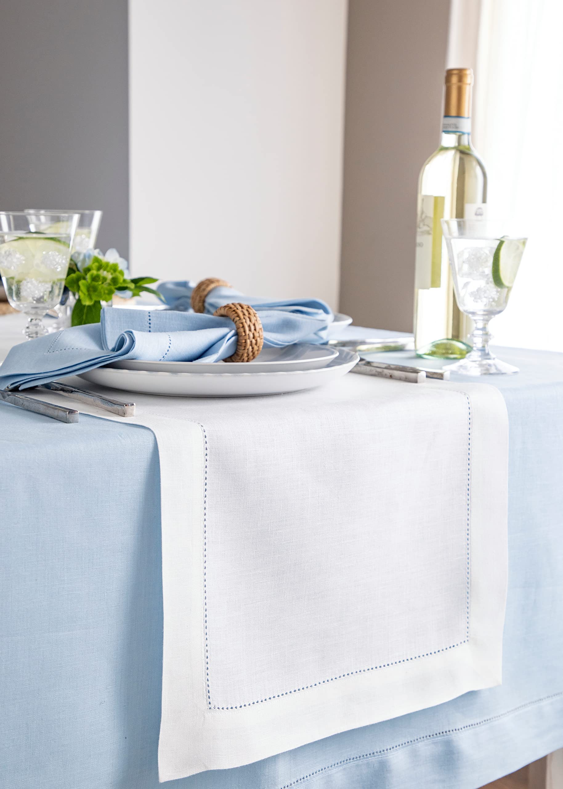 Solino Home Linen White Table Runner 132 Inches Long - 100% Pure Linen Classic Hemstitch Dining Table Runner 14 X 132 Inch Ideal