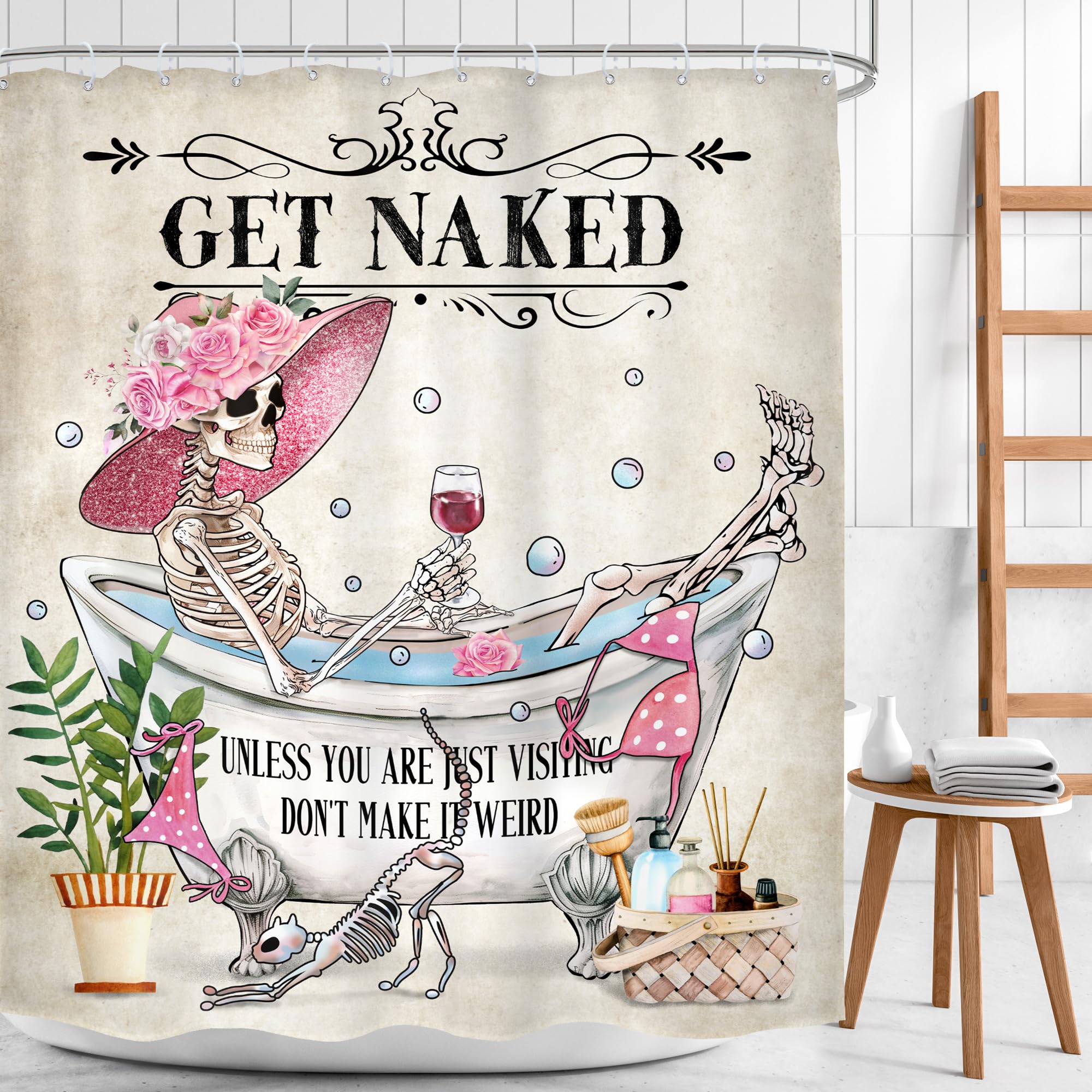 Mitpok Funny Skull Skeleton Shower Curtain 60Wx72H Halloween Gothic Spooky Fashion Girl Pink Bikini Floral Bone In Bathtub Bubbl