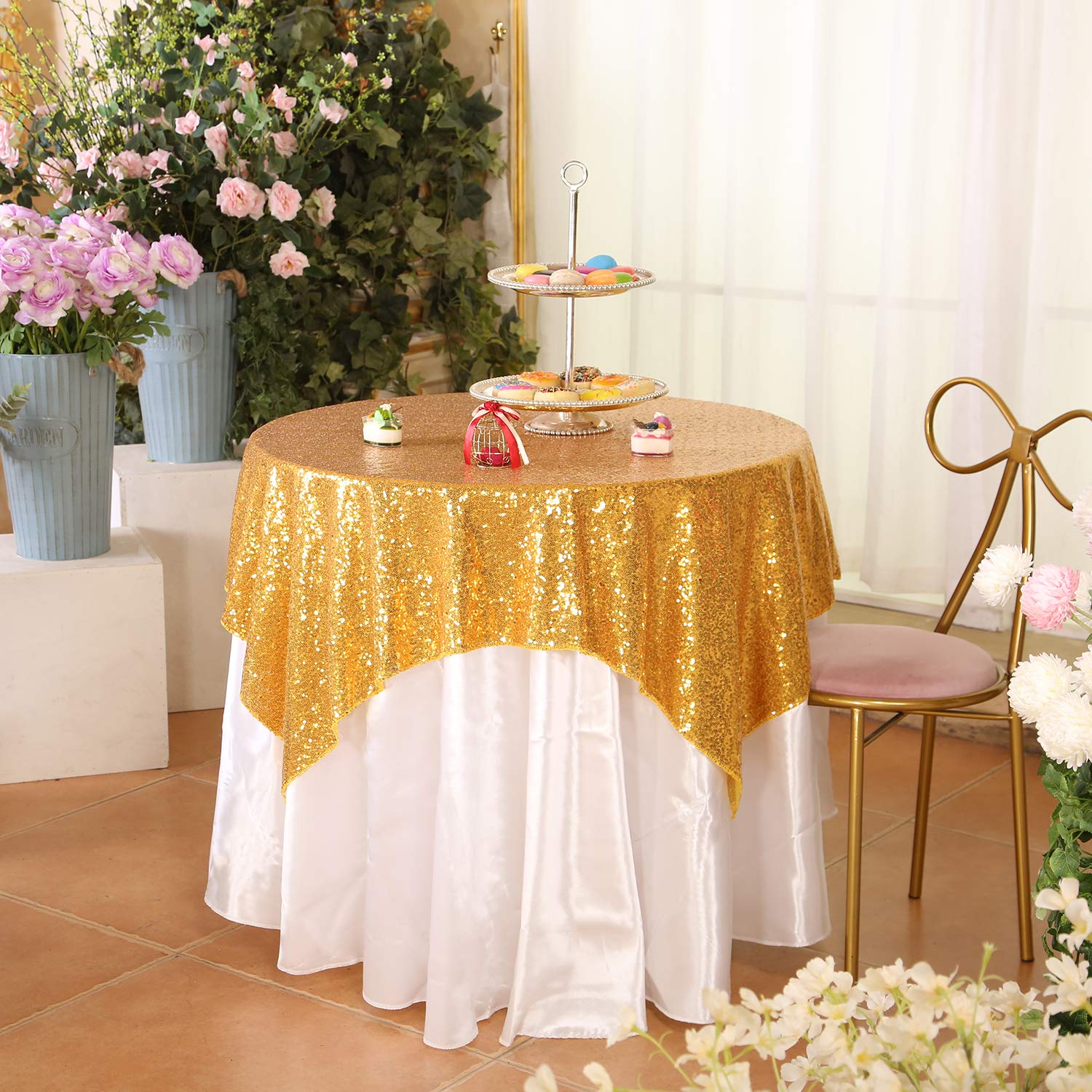 Eternal Beauty Gold Square Sequin Tablecloth Sequin Overlay Tablecloth For Wedding Christmas Party 48''X48''
