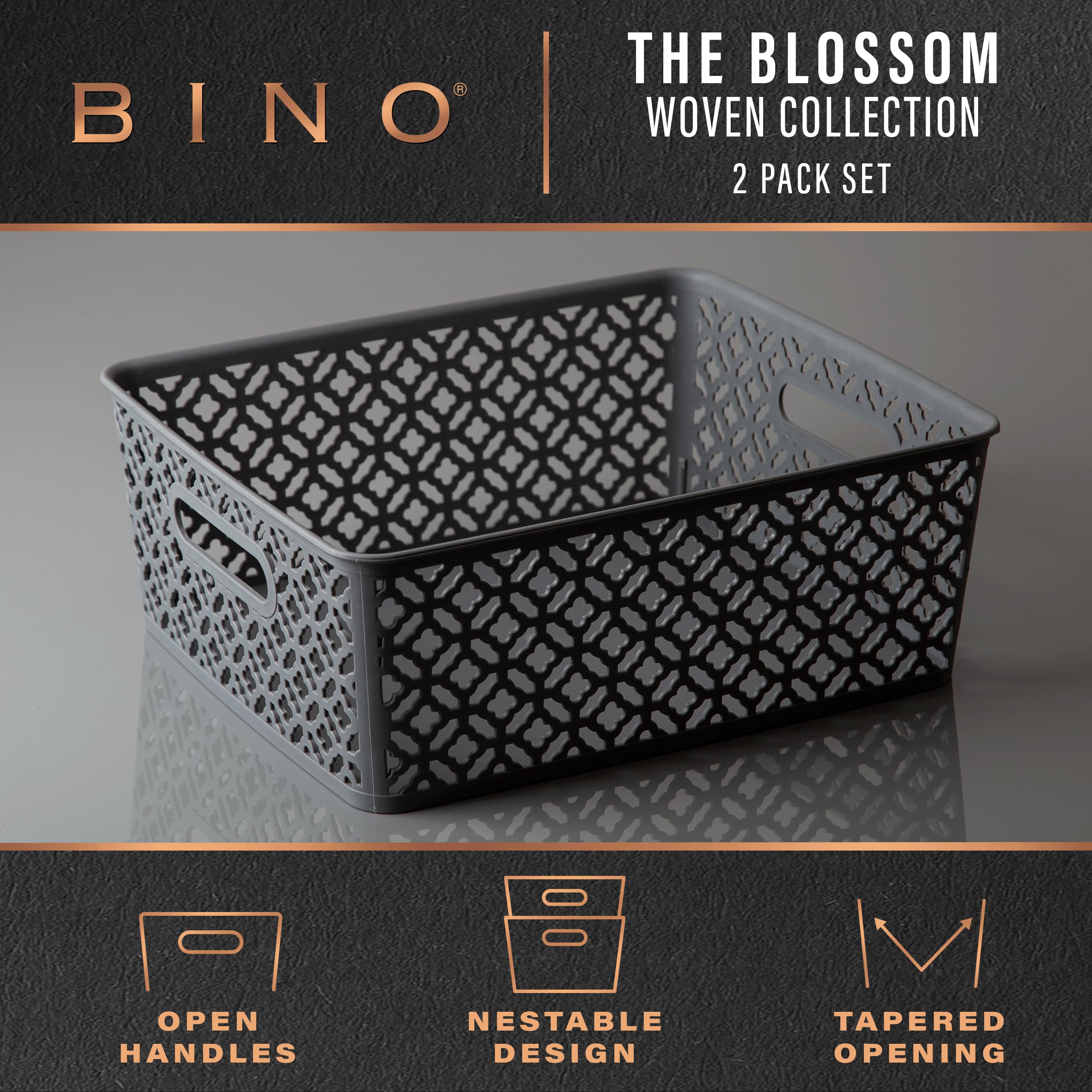 Bino L Plastic Storage Baskets, Large - Grey L The Blossom Collection L Multi-Use Organizer Bin L Built-In Handles L Plastic Wov