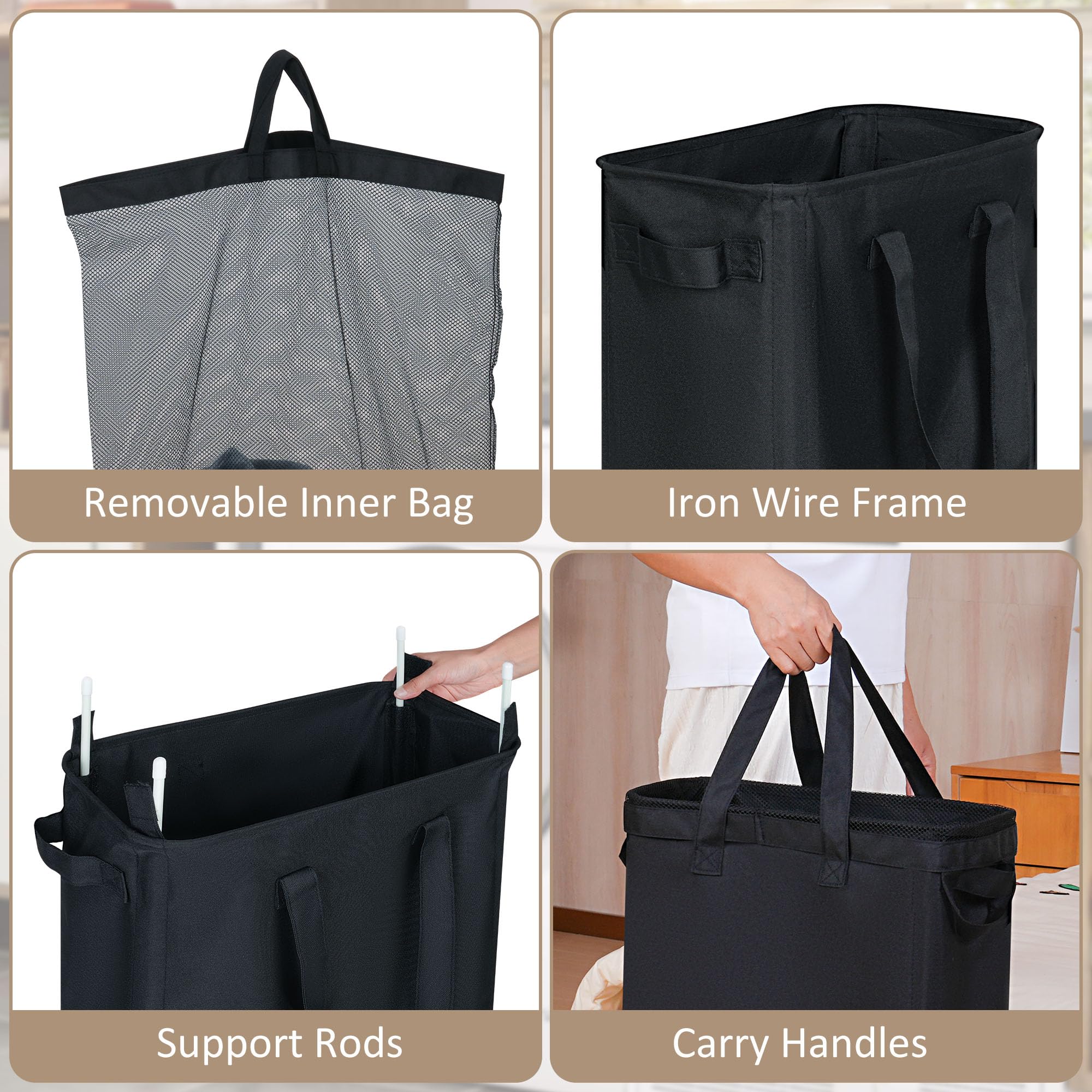 Iegrow Washing Baskets For Laundry, 50L Slim Folable Laundry Bin With Oxford Fabric And Handles, Narrow Wash Basket With Removab