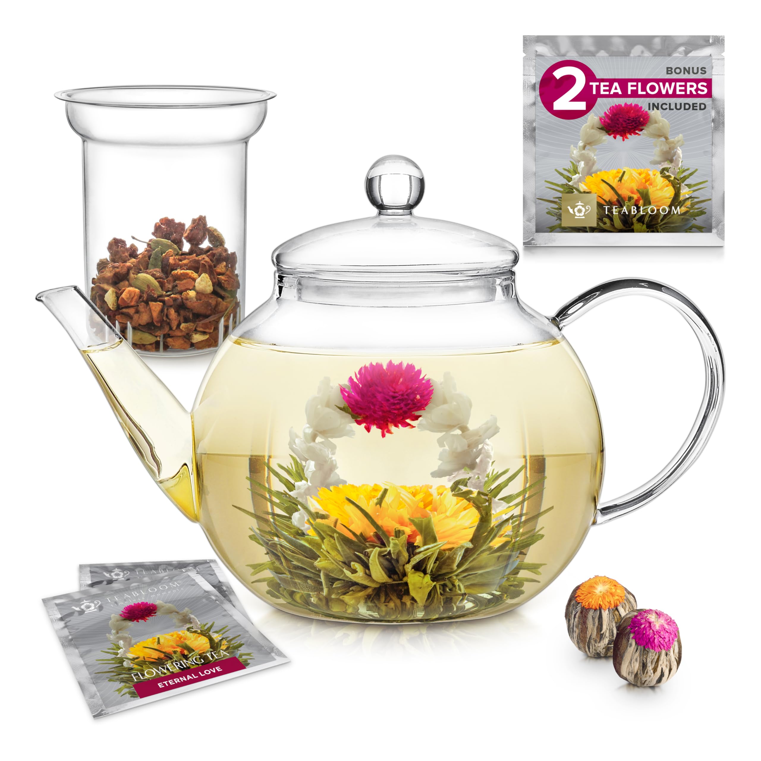 Teabloom Stovetop & Microwave Safe Glass Teapot with Removable Loose Tea Glass Infuser - Includes 2 Blooming Teas - 2-in-1 Tea K