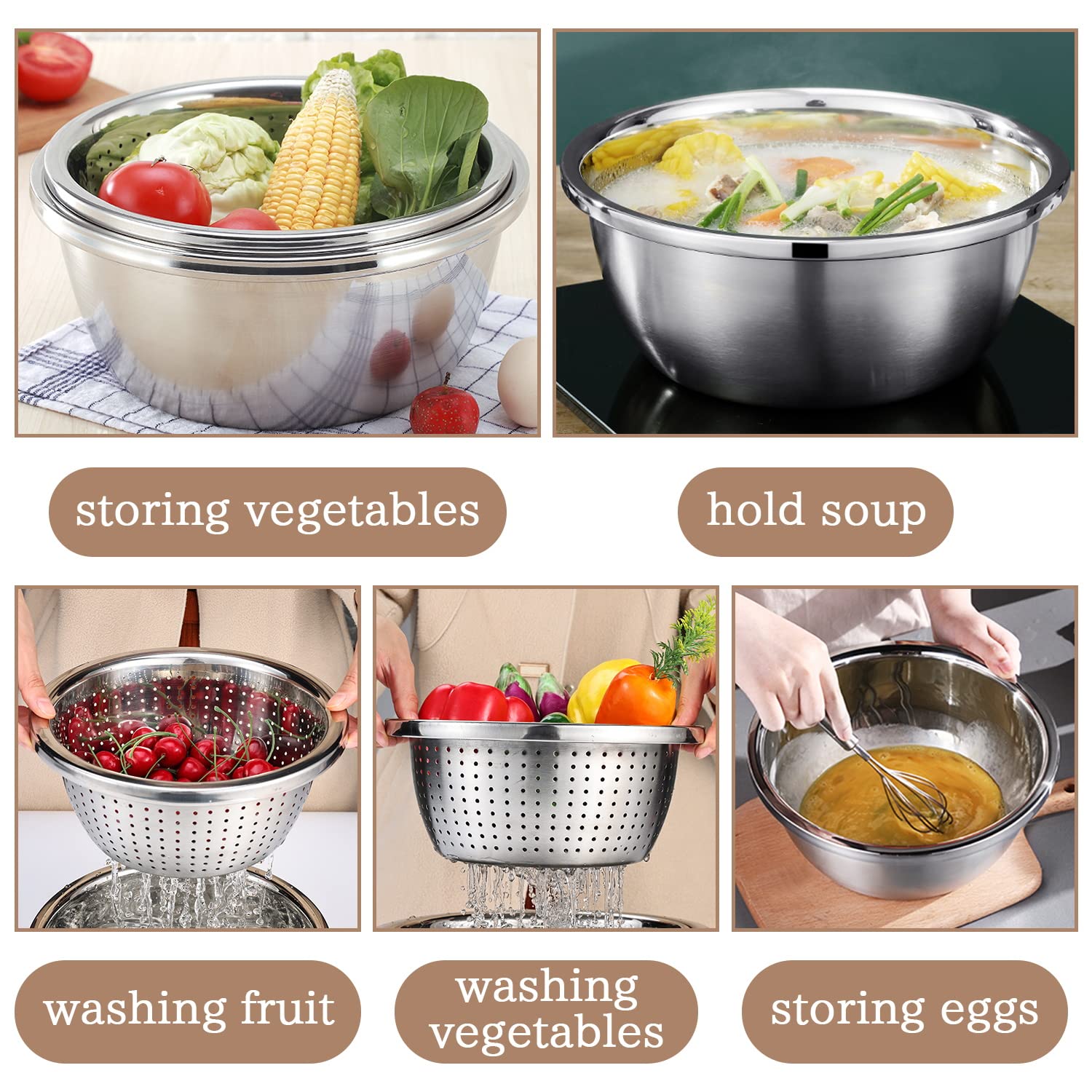 Joyoldelf Stainless Steel Rice Washing Bowl & Mixing Bowls, Heavy Duty 3.5-Qt Colander And Kitchen Strainer With Basin For Rice,