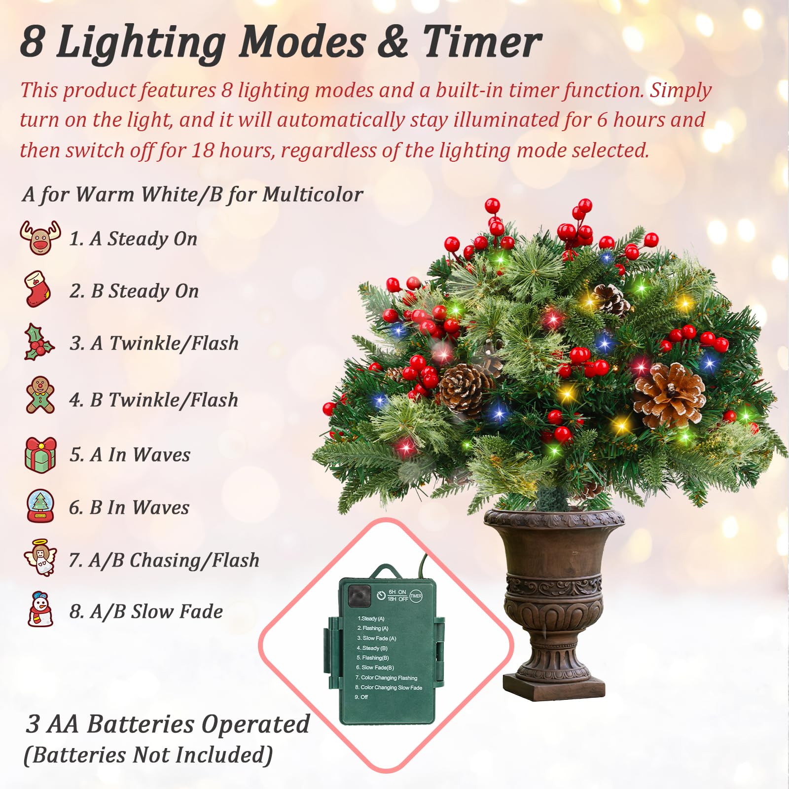 TOWPONICS Set of 2 Outdoor Christmas Trees Urn Filler, 18in Prelit Battery Operated Artificial Small Xmas Tree Holiday D  cor wi