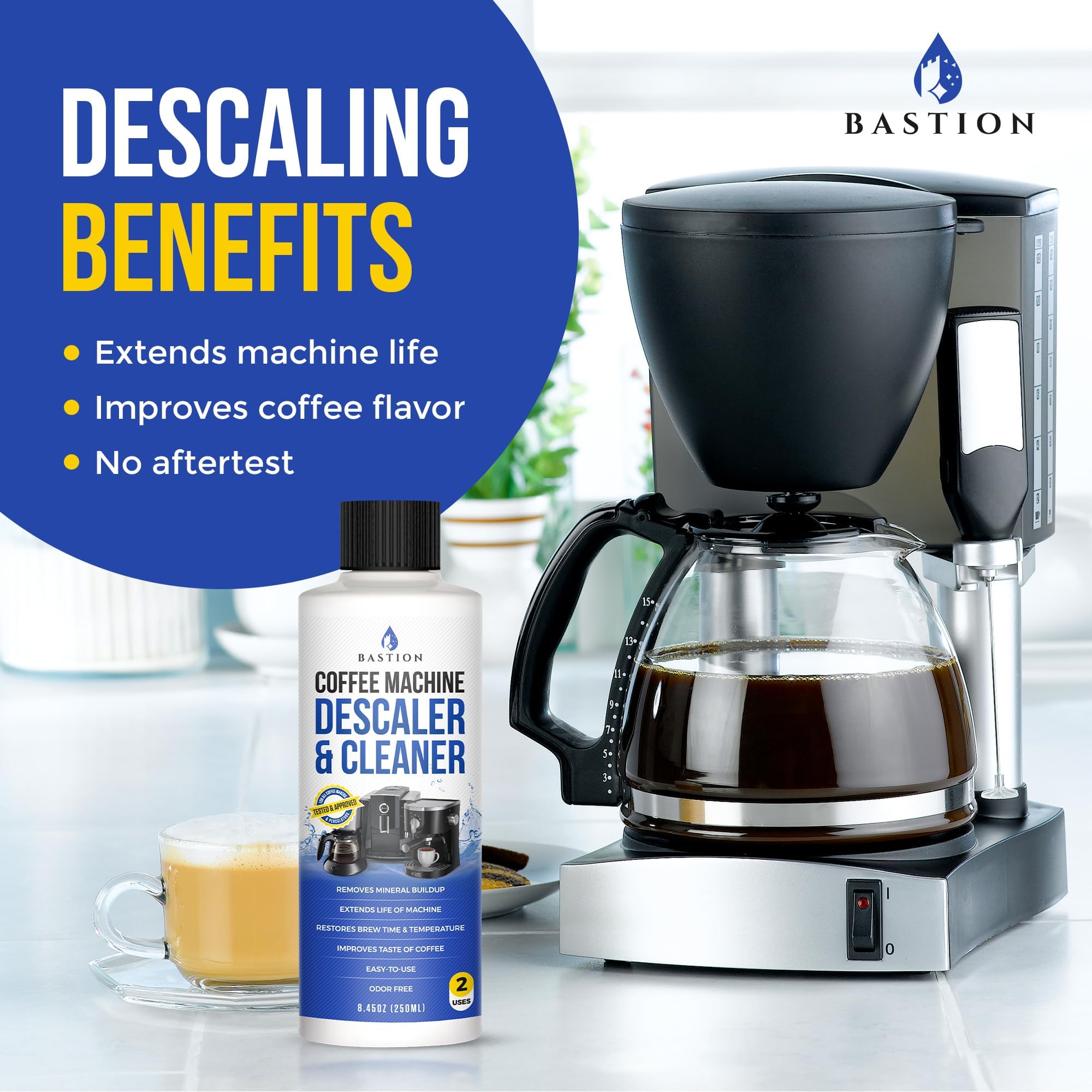 Bastion Coffee Machine Descaler & Cleaner - 4 Uses. (2 Bottles) Universal Descaling Solution Compatible With Keurig, Nespresso,