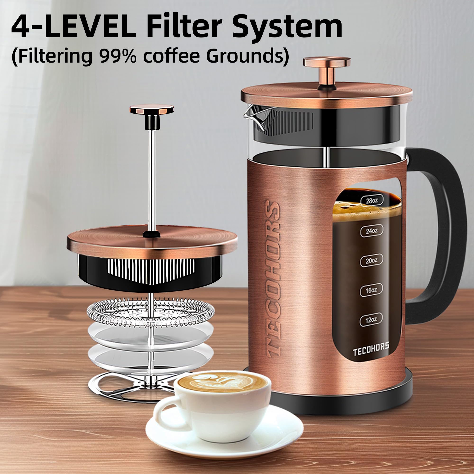 Tecohors French Press Coffee Maker 34Oz / 1 Quart 304 Stainless Steel Coffee Press,With 4 Filters System, Heat Resistant Thickne