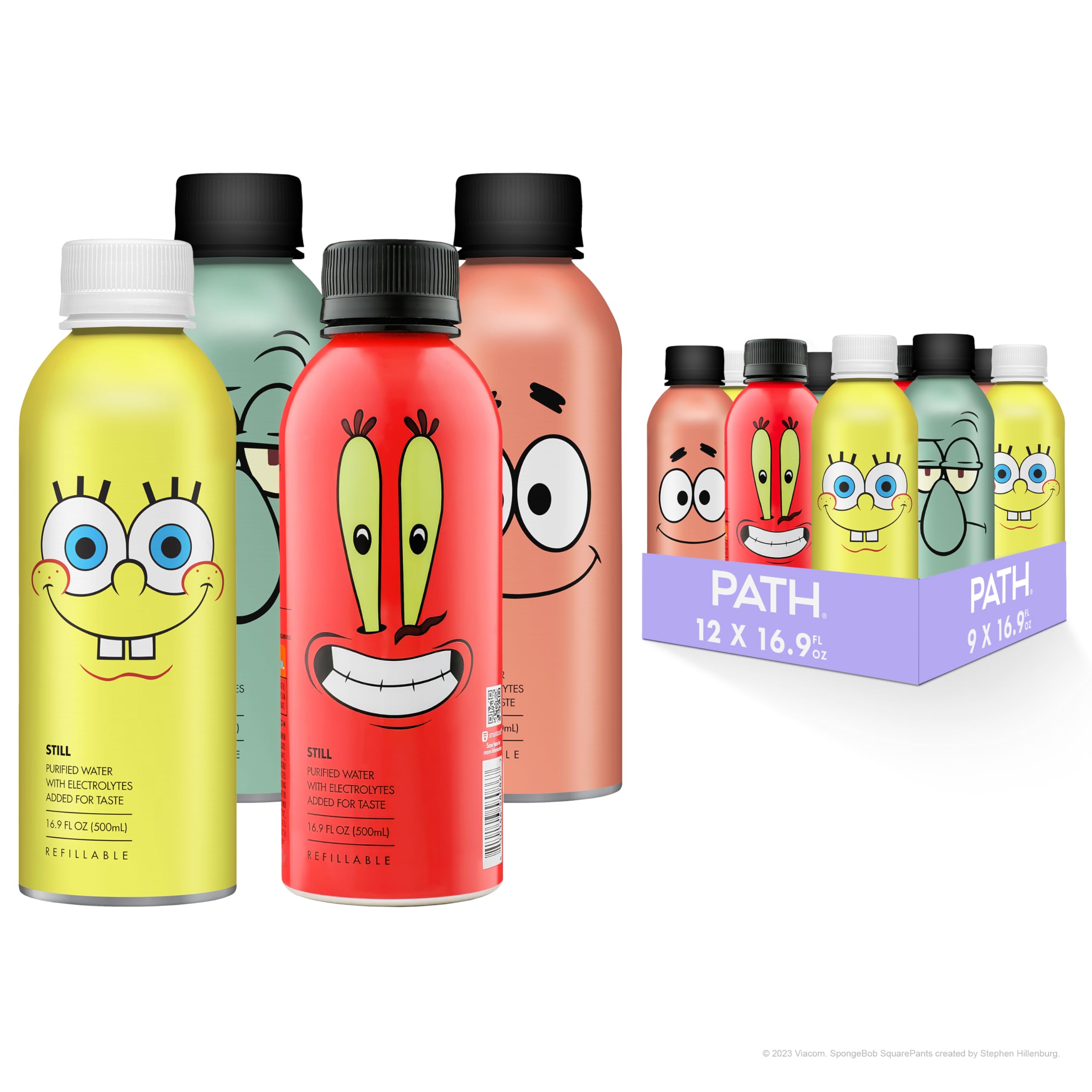 PATHWATER Still Water Ultra-Purified, pH-Balanced, Locally Sourced SpongeBob All-Stars Variety Pack Aluminum Bottle BPA Free, Re