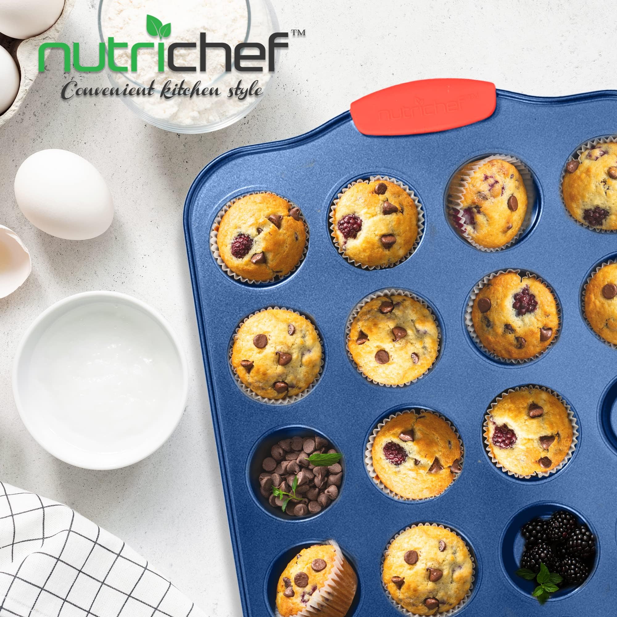 Nutrichef 17    Nonstick Mini Muffin Pan - Premium Carbon Steel 24 Cup Baking Tray W/ Red Silicone Handles, Easy To Clean Mini C
