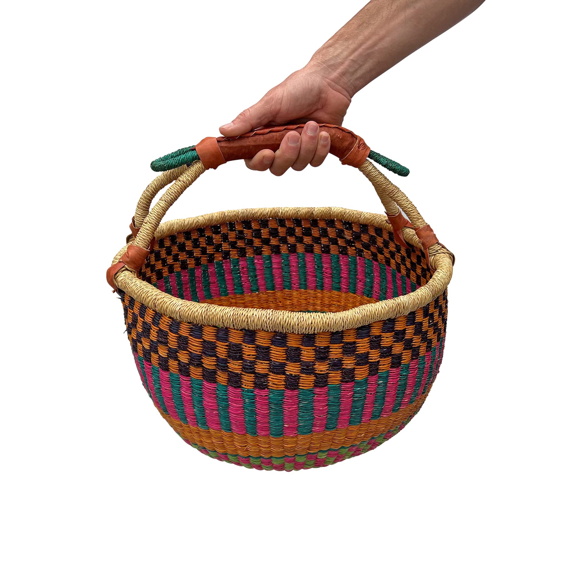 Africa Heartwood Project - Deluxe Colorful African Basket With Leather Handles - Handmade From Dried Elephant Grass, Hand-Woven
