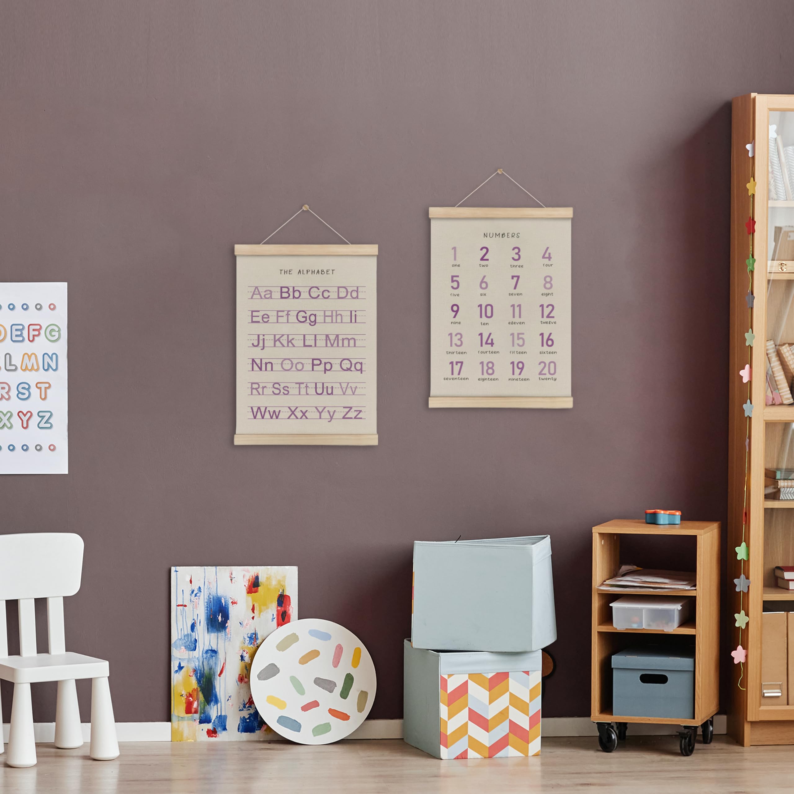 Hrqko Alphabet Numbers Poster Hanger Frame Set Of 2, Girls Nursery Wall Decor, Boho Abc Poster Wall Art With Wooden Frames, Purp