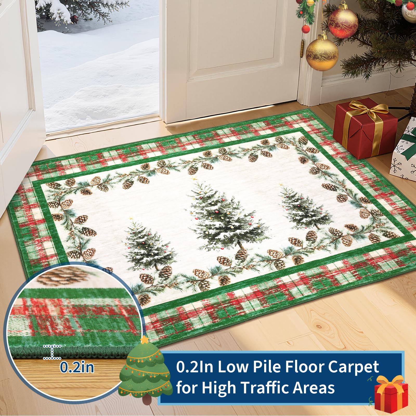 GarveeHome Green Christmas Rug 3x5 Washable Holiday Area Rugs for Living Room, Non-Slip Christmas Tree Checkered Rug for Bedroom