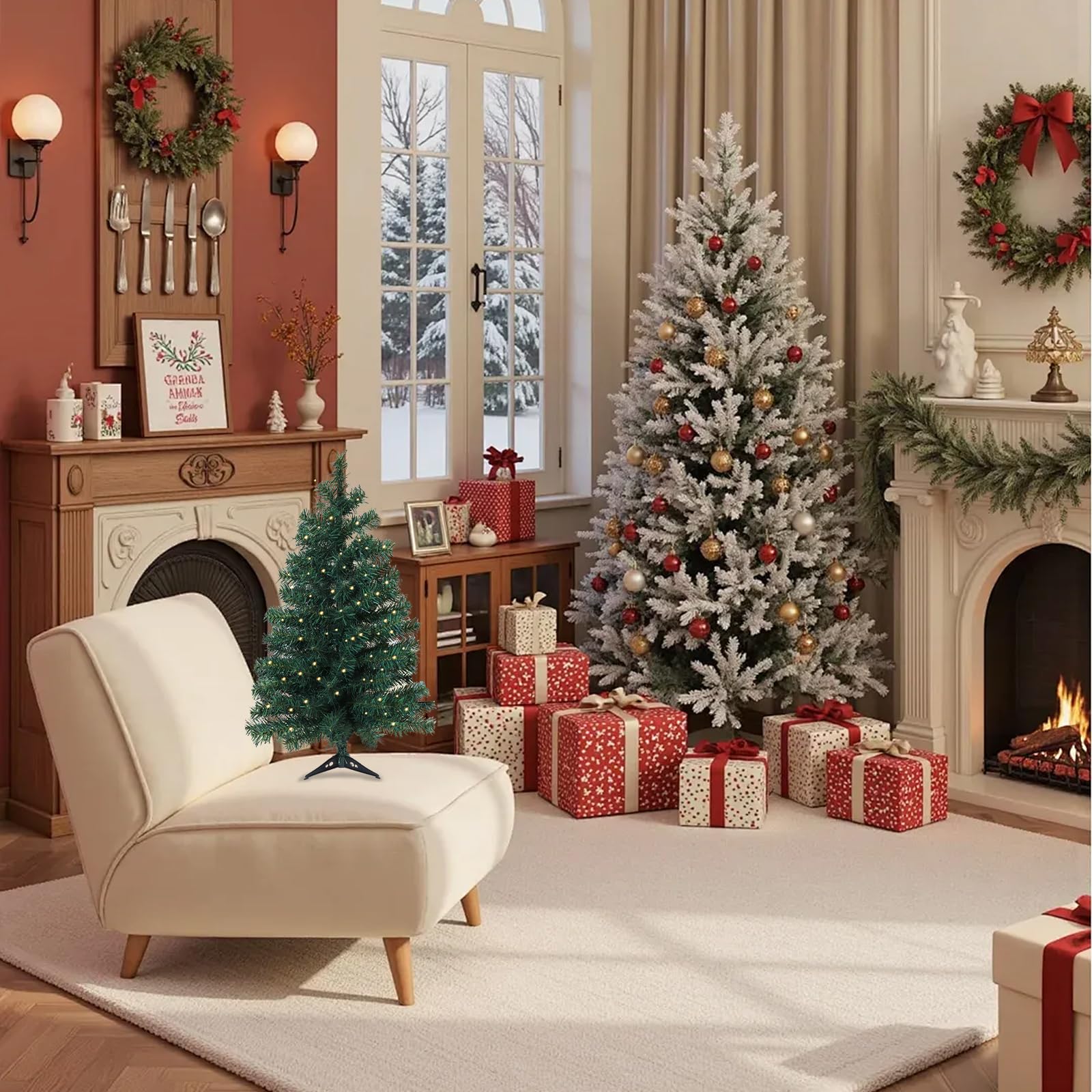 Okicoler 3ft Pre-Lit Artificial Holiday Christmas Spruce Tree for Home, Office, Party Decoration 100-Branch&50 Warm White Lights