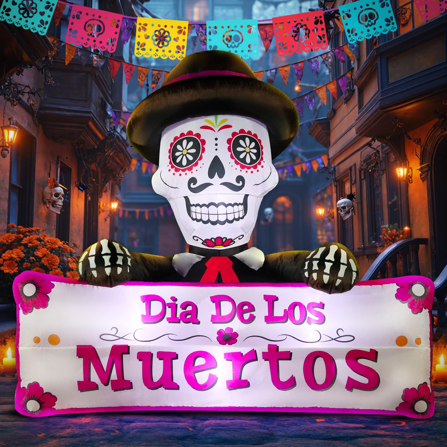 DomKom 6FT Halloween Inflatable Blow Up Decorations, Dia de Los Muertos Day of Dead Banner, Build-in LED Lights Holiday Blow Up