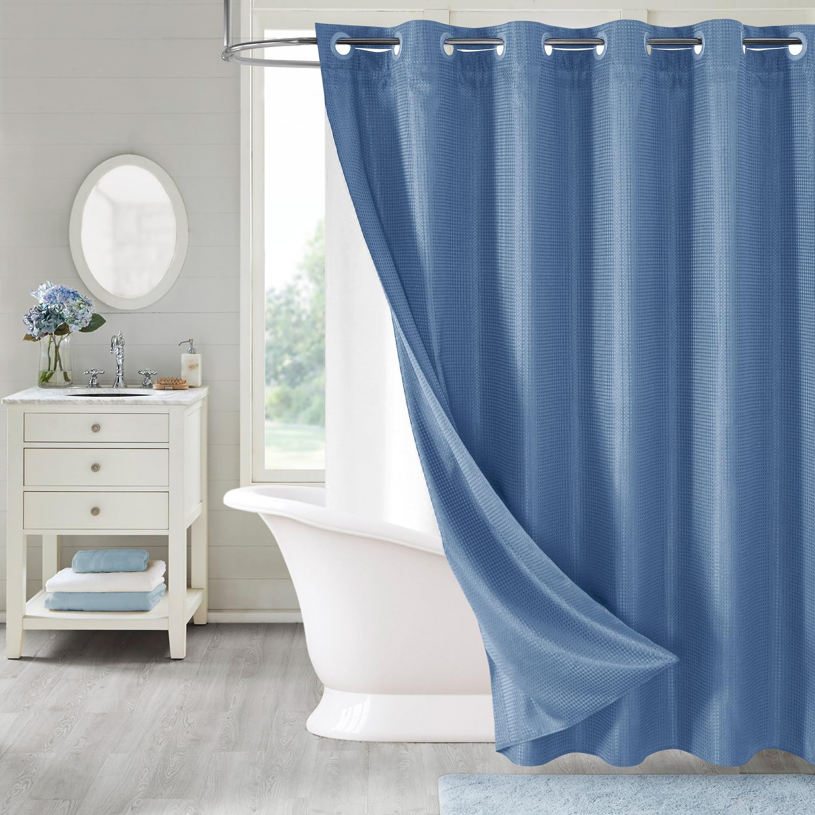 Mitovilla Blue Long Shower Curtain 72 X 80, No Hooks Needed 80 Inch Long Heavyweight Waffle Fabric Shower Curtain Set With Snap-