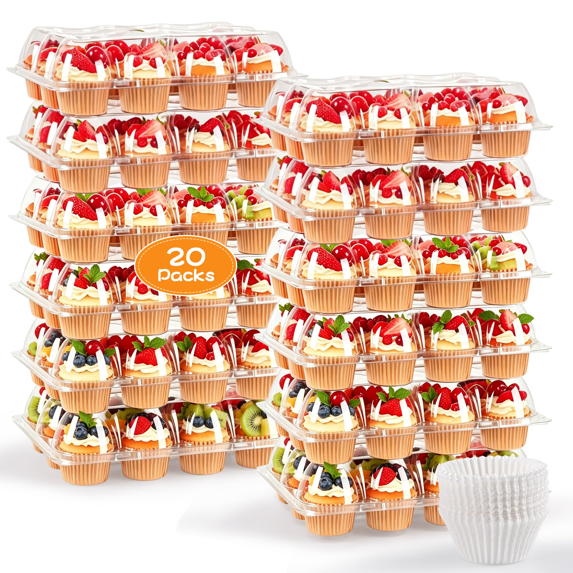 JPPSUJJ 12 Pack x 20 Sets Plastic Cupcake Containers, Stackable Cupcake Boxes Holders with Tall Dome Lid, Disposable Clear Cupca