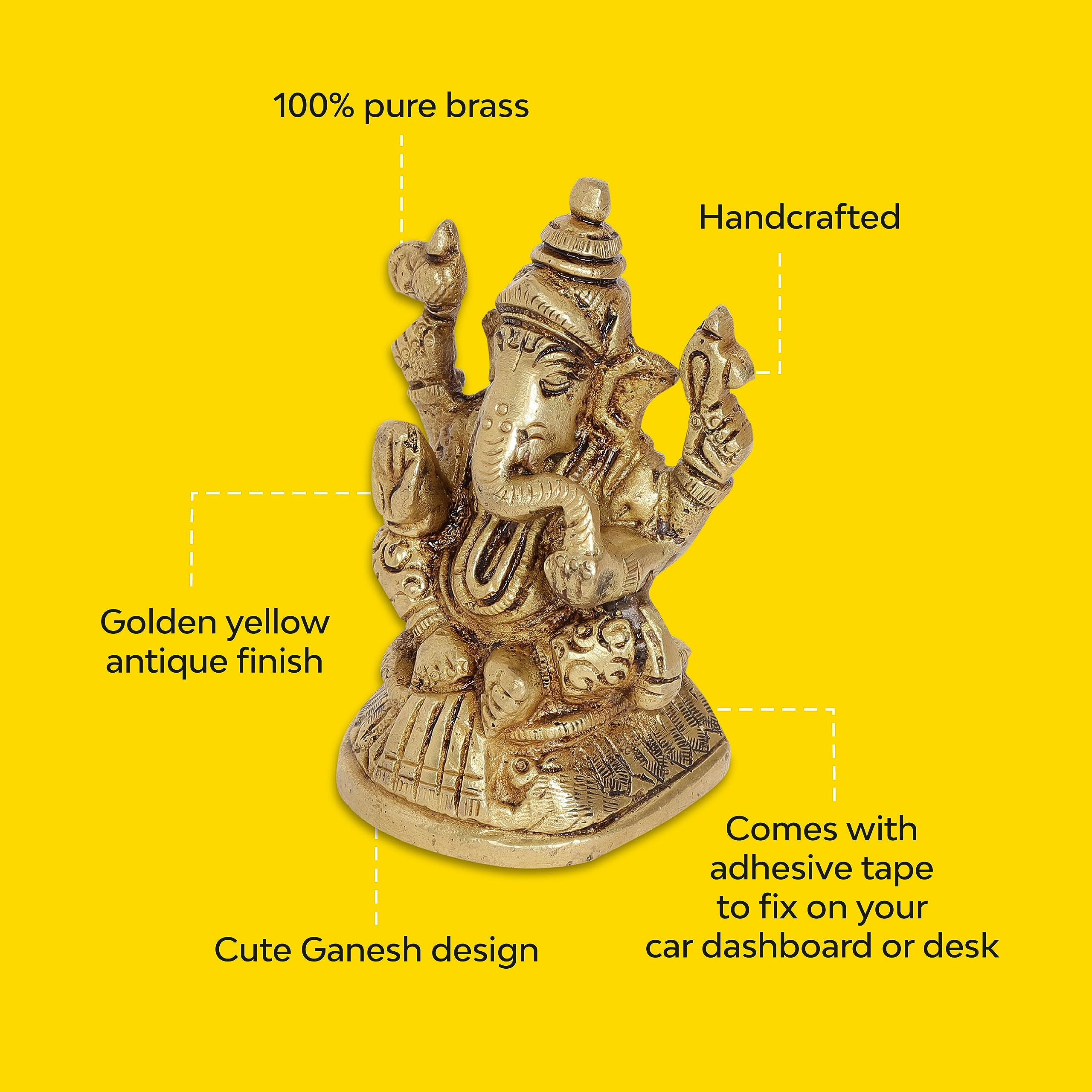 10Club Lord Ganesha Idol - 1Pc (7.6 cm, 300 Grams) - 100% Pure Brass | Mandir Ganesh Idol (Murti) For Desk, Car, Home Decor and