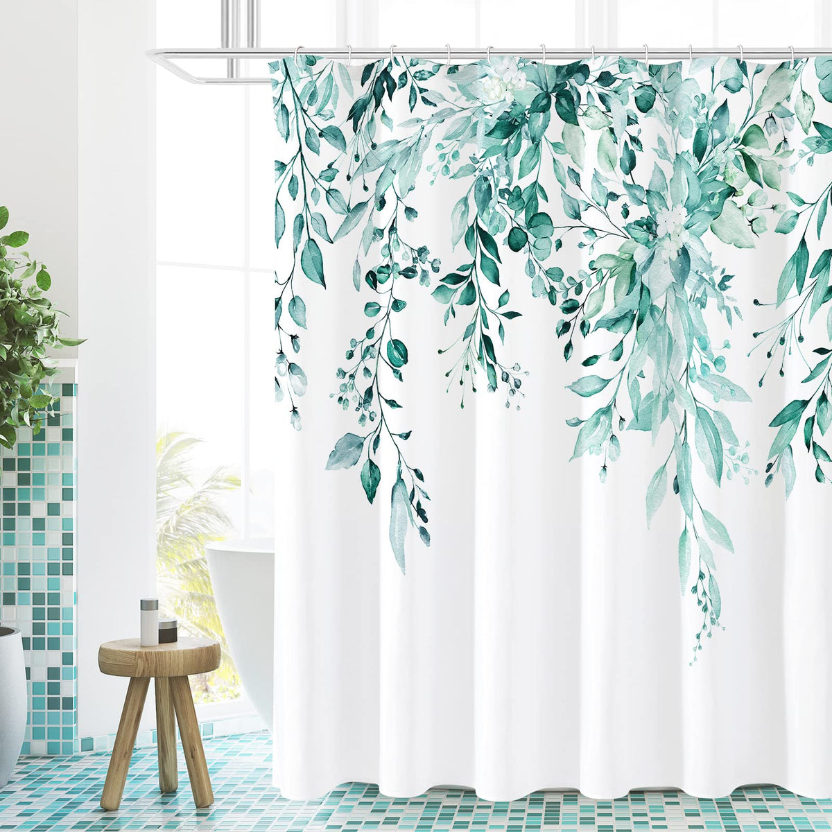 Gibelle Teal Eucalyptus Shower Curtain, Watercolor Plant Leaves With Floral Bathroom Shower Curtain Set With Hooks, 72X72