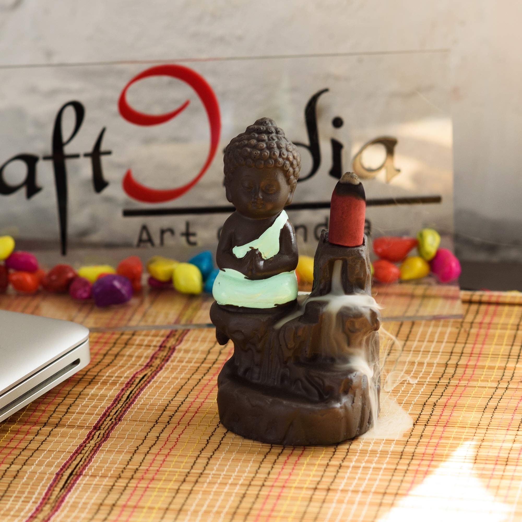 eCraftIndia Meditating Monk Buddha Smoke Backflow Cone Incense Holder Decorative Showpiece with 10 Free Smoke Backflow Scented C