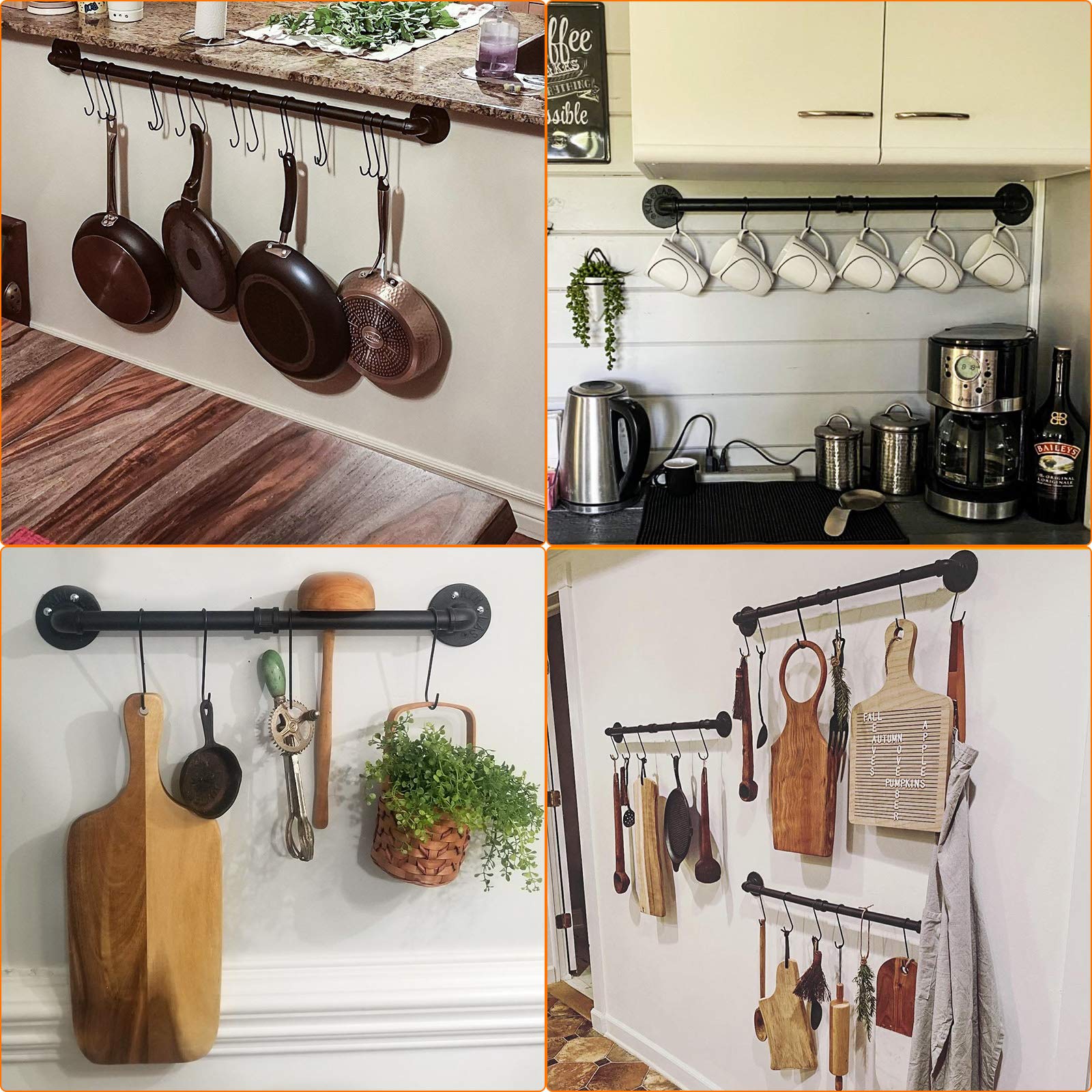 Toplife 23.7 Inch Pot Rack, Kitchen Wall Mounted Detachable Pan Lid Utensils Organizer Hanging Rail With 10 Hooks, Black
