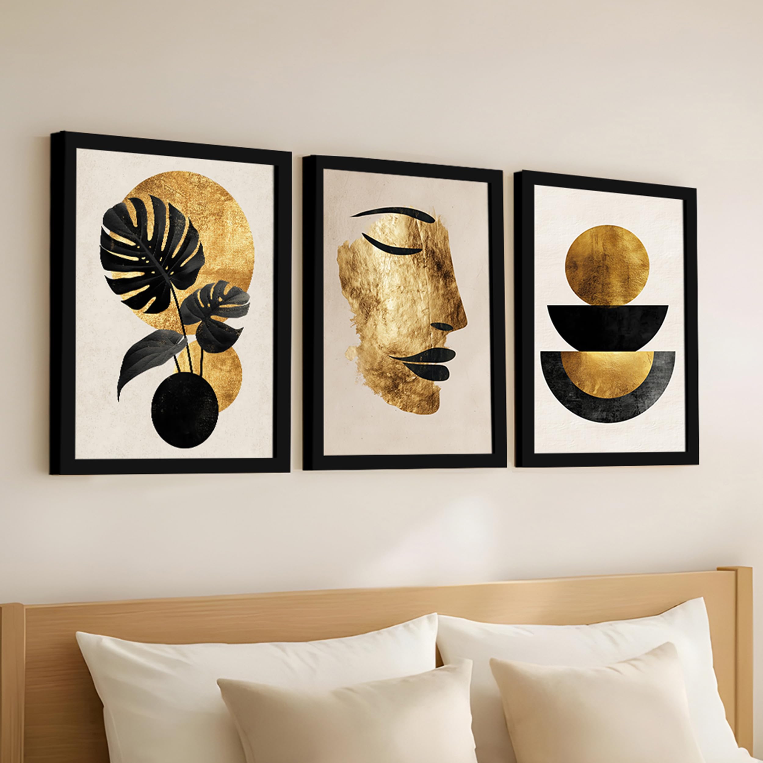 Paintingmantra Abstract Gold & Black Modern Framed Wall Art Prints Set Of 3 | Contemporary Minimal Art For Living Room, Bedroom 