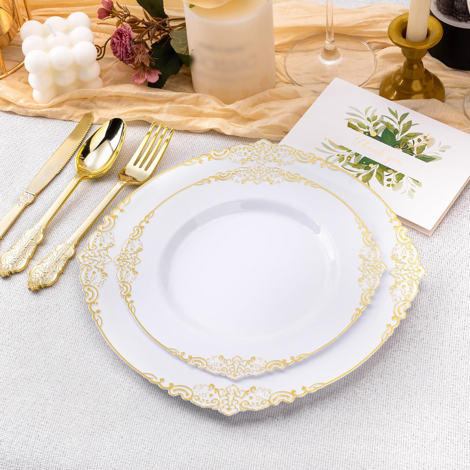 Bestluck 100 Pcs White And Gold Plastic Plates For 50 Guests, Gold Disposable Plates Include 50 Pcs Dinner Plates, 50 Pcs Desser