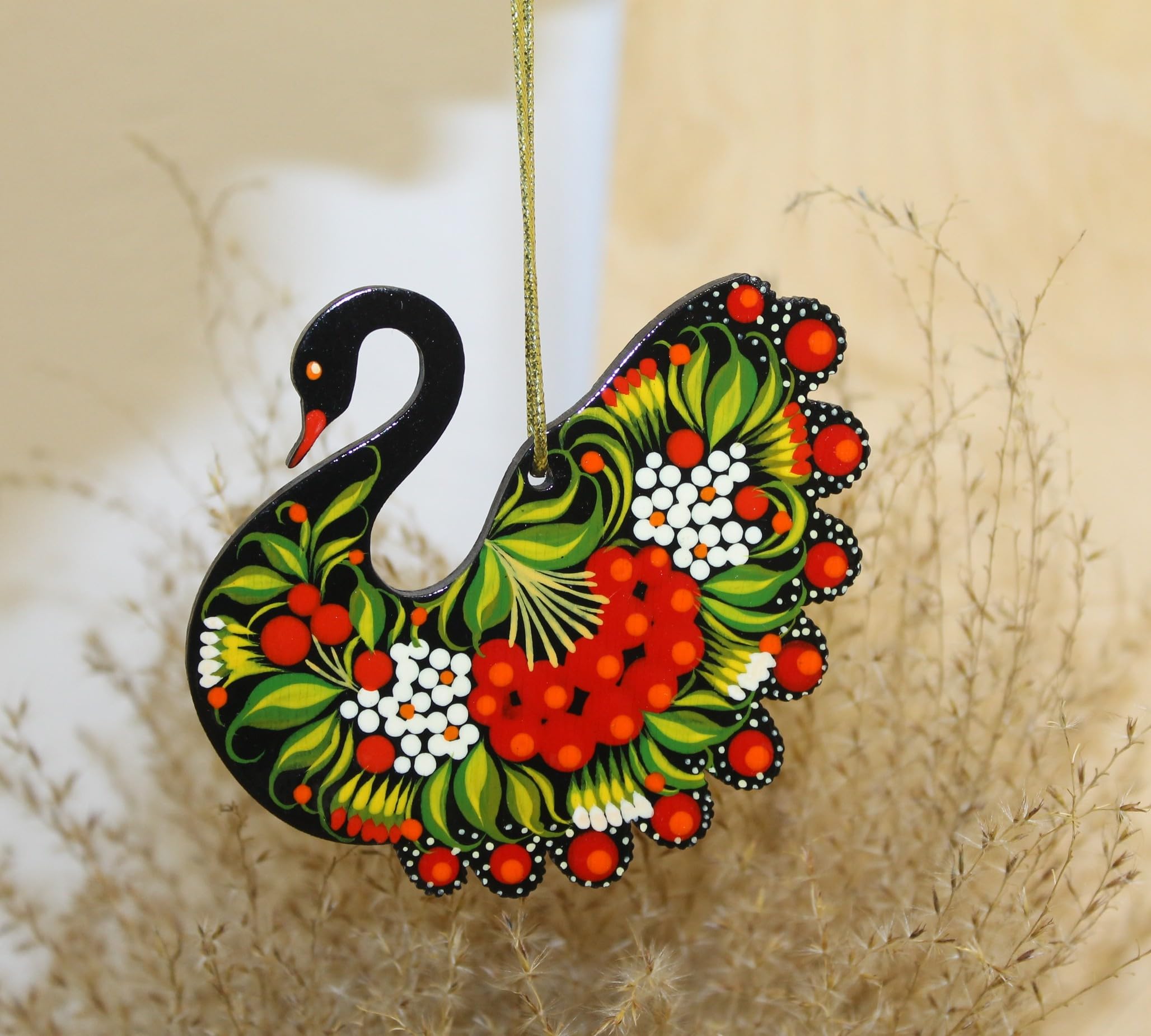 Black Swan Christmas Ornament Wooden Hand Painted on Both Sides 3.5 x 3.5 x 0.2 in. Ukrainian Traditional Painting Petrykivka wi