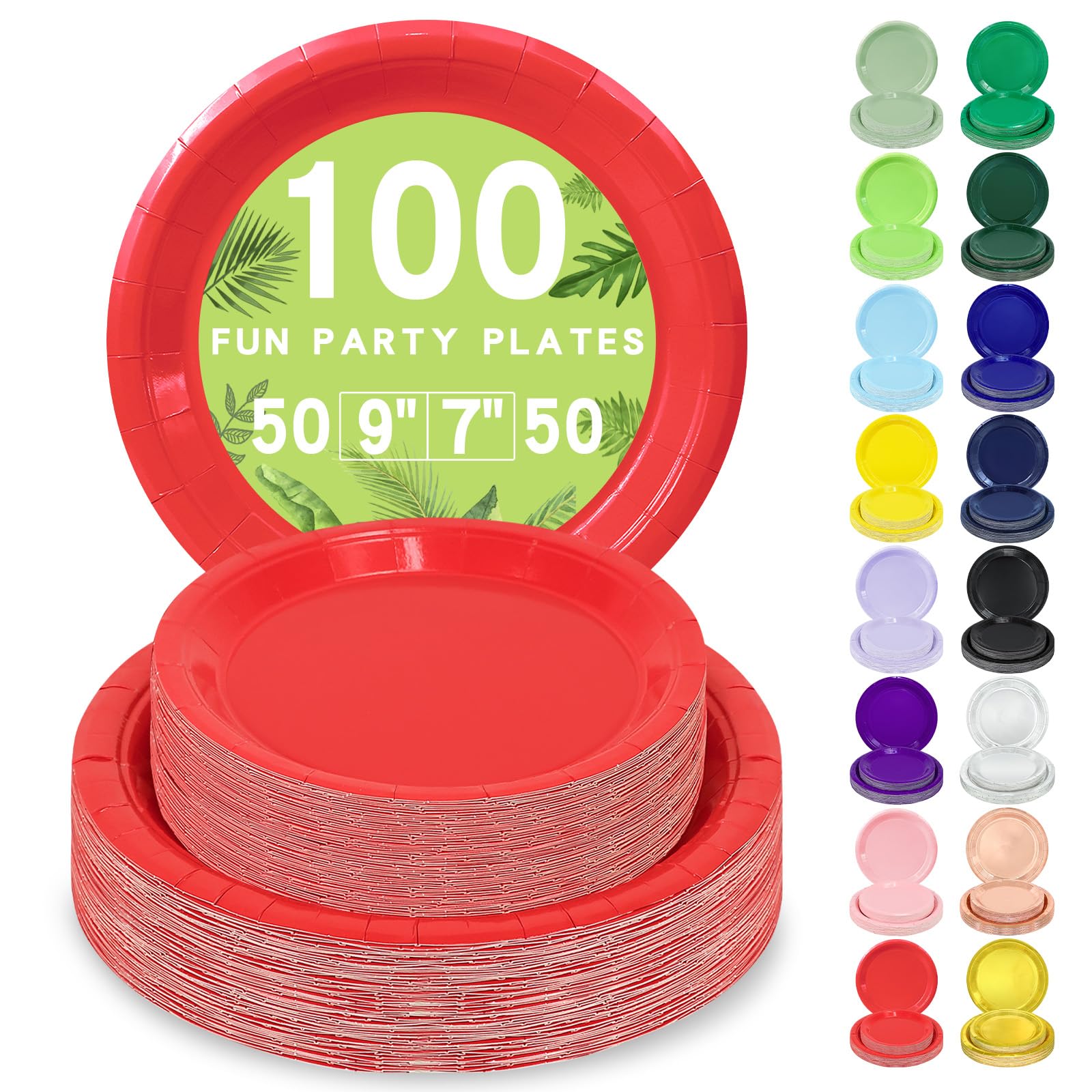 LANLISA 100 Red Paper Plates Set Includes 50-9 & 50-7 Disposable Dessert Cake Paper Plates For Party Supplies