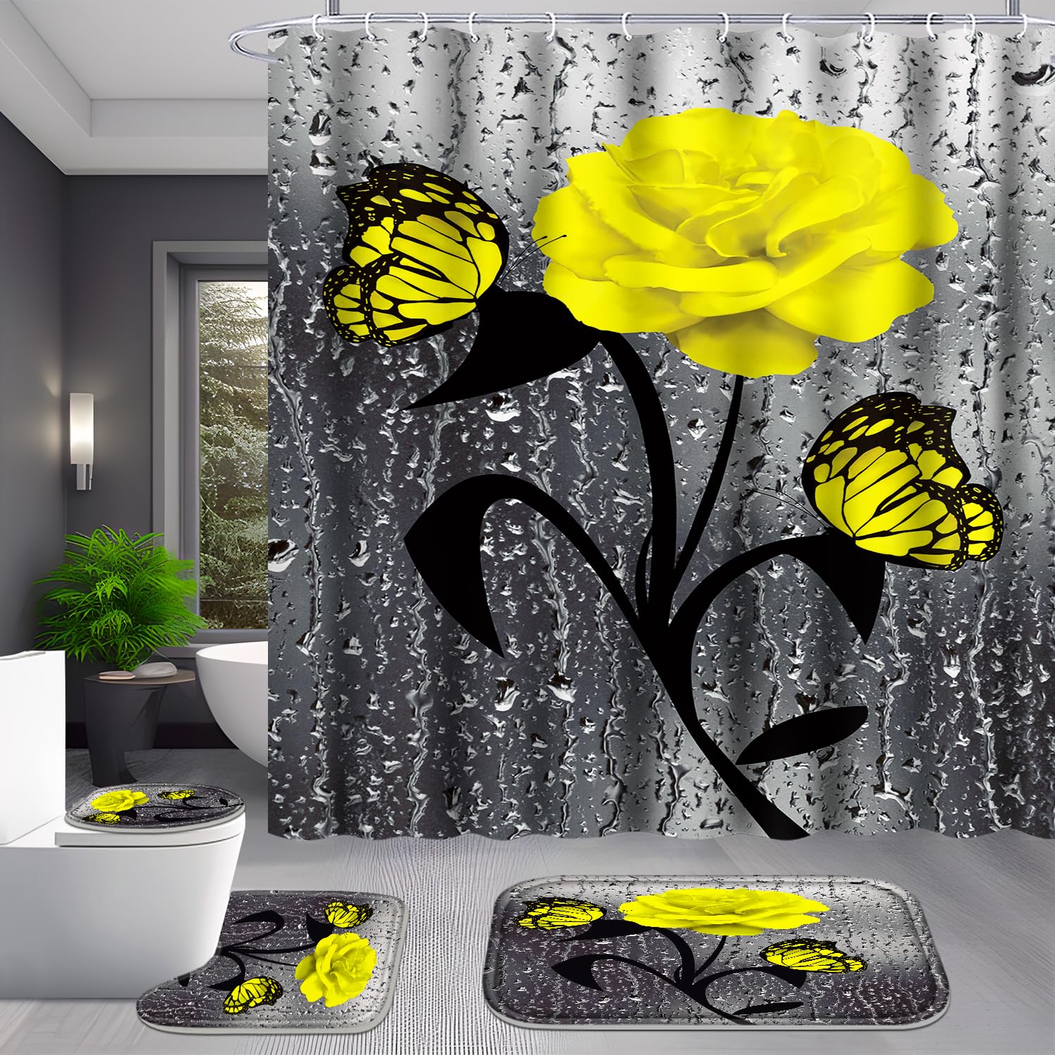 Poedist 4 Pcs Bathroom Set,Yellow Rose Shower Curtain Sets, Romantic Shower Curtain Sets With Rugs(Bath Mat,U Shape And Toilet L