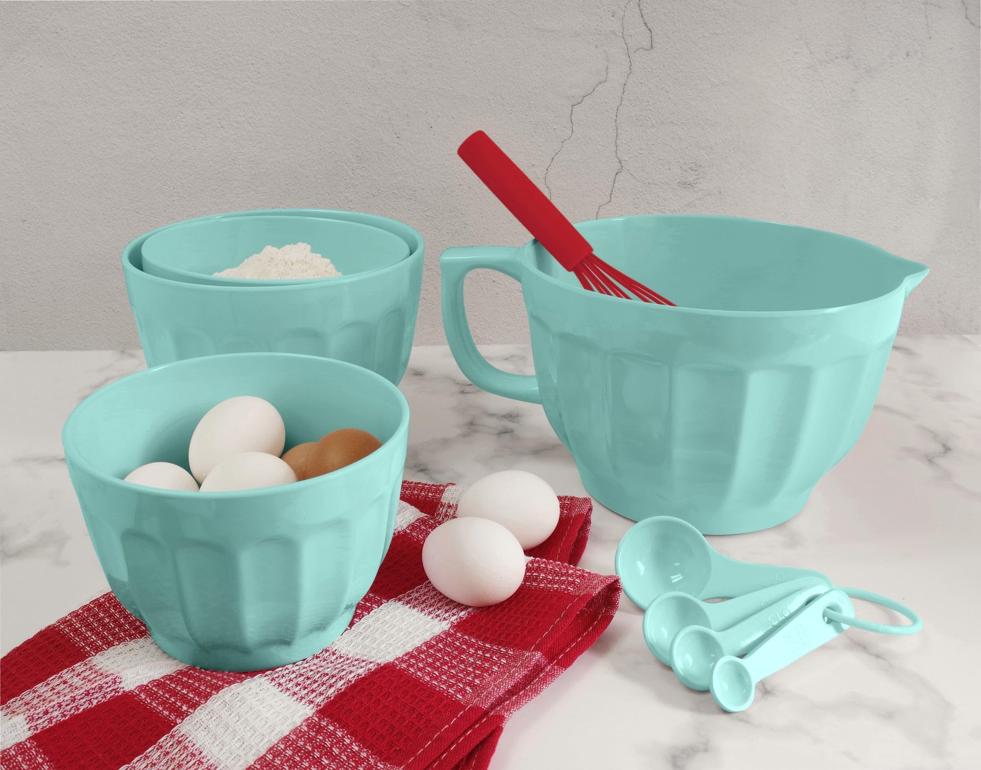 UPware Melamine Batter Bowl 4.3 qt with Pour Spout & Handle, Non-Slip Base, Latte Blue, Model A_546B