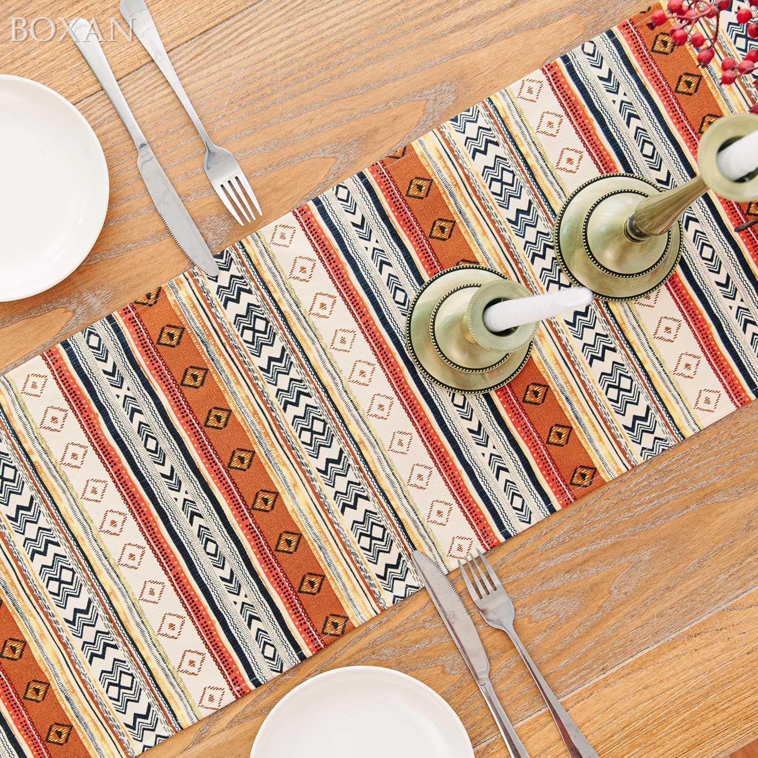 Boxan Antique Southwestern Native Design Table Runner Cloth, Boho Cotton Geometric Striped Pattern Tribal Table Cover For Farmho