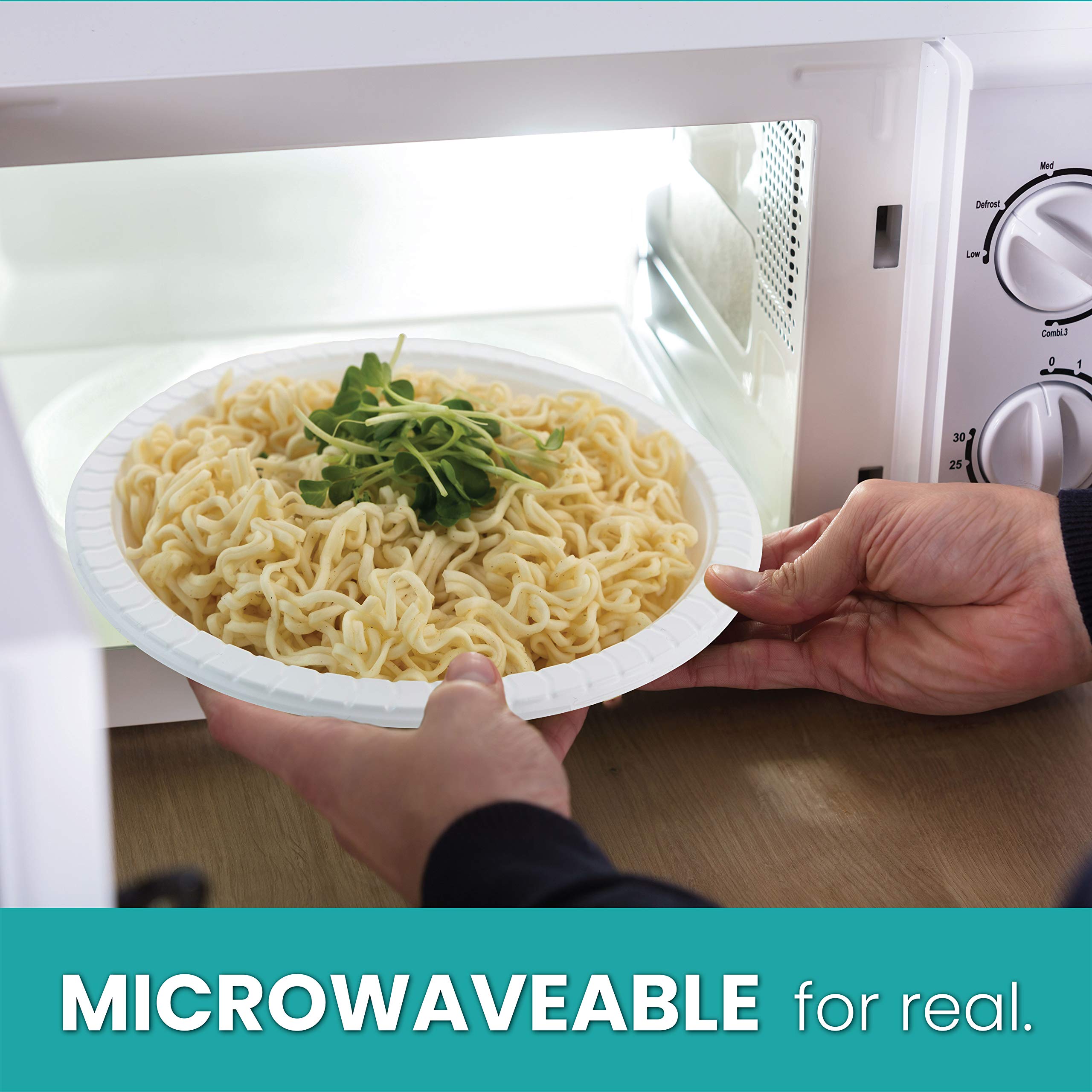 Plasticpro 9 Inch Round Plastic Plates Microwaveable, Disposable, White, Dinnerware 400 Count