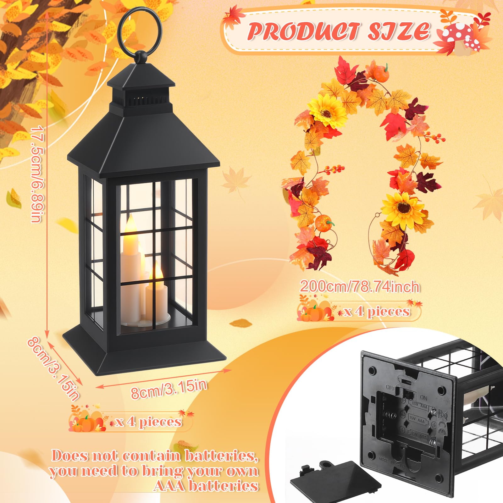 Tujoe 4 Pack Fall LED Candle Lantern Decorative Indoor & Outdoor Fall Decorations for Home Mini Thanksgiving Hanging Lanterns wi