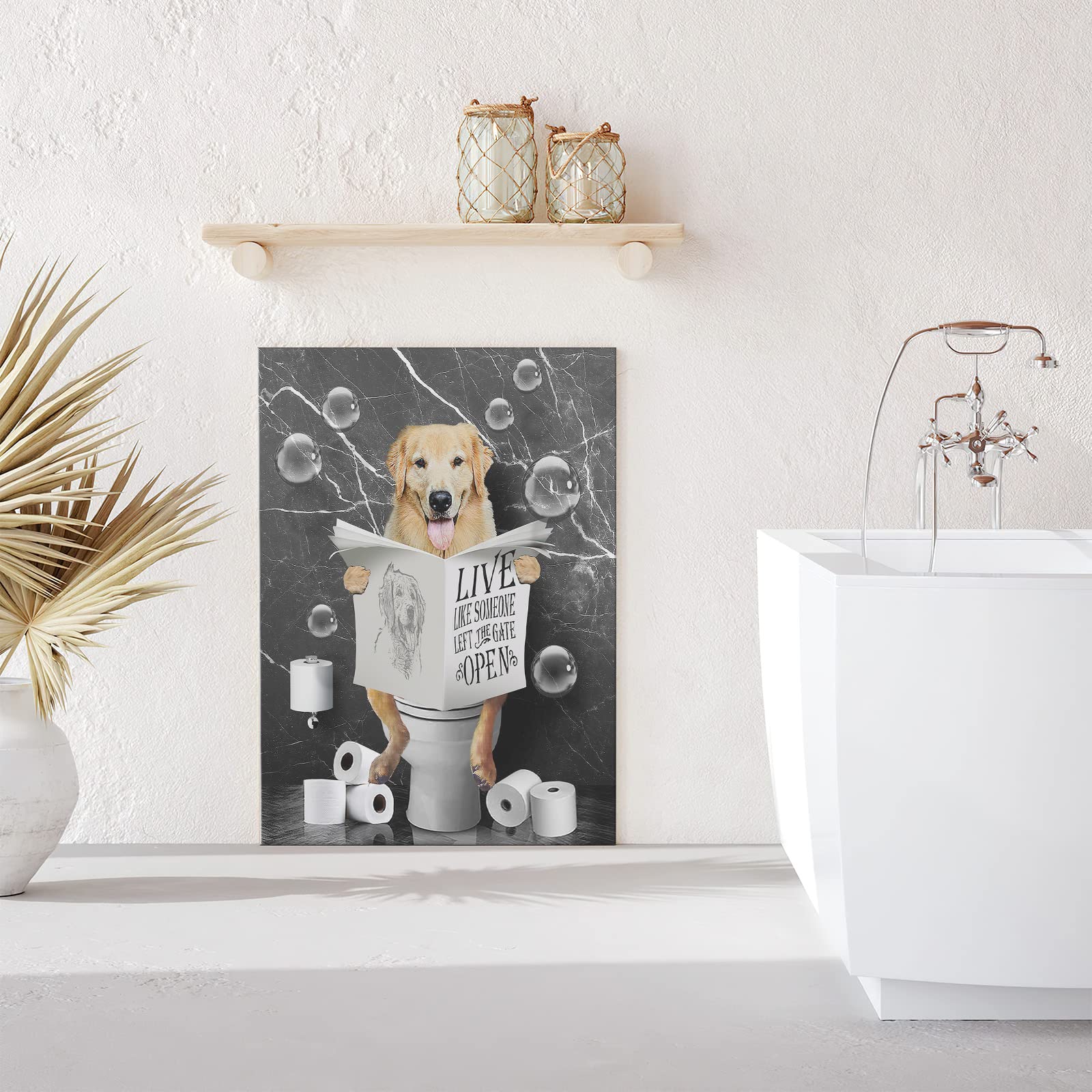 Golden Retrievers In Toilet Bathroom Wall Art Funny Bathroom Pictures Wall Decor Farmhouse Dog Bathroom Painting For Toilet Bath