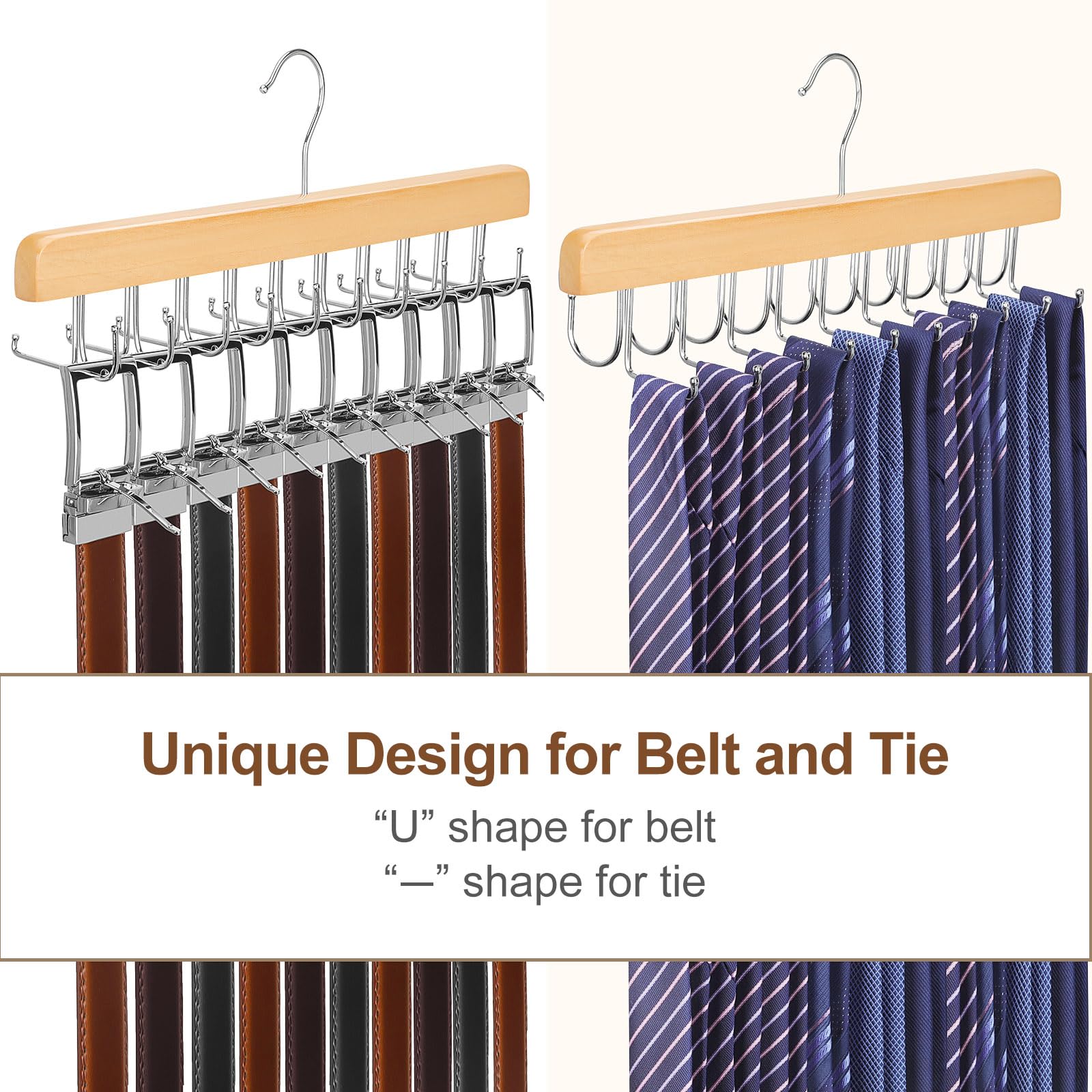 Topia Hanger 2 In 1 Belt Tie Hanger For Closet Max 30 Belts With 30 Ties Capacity, 20 Hooks Belt Tie Racks Wooden Hanger For Clo